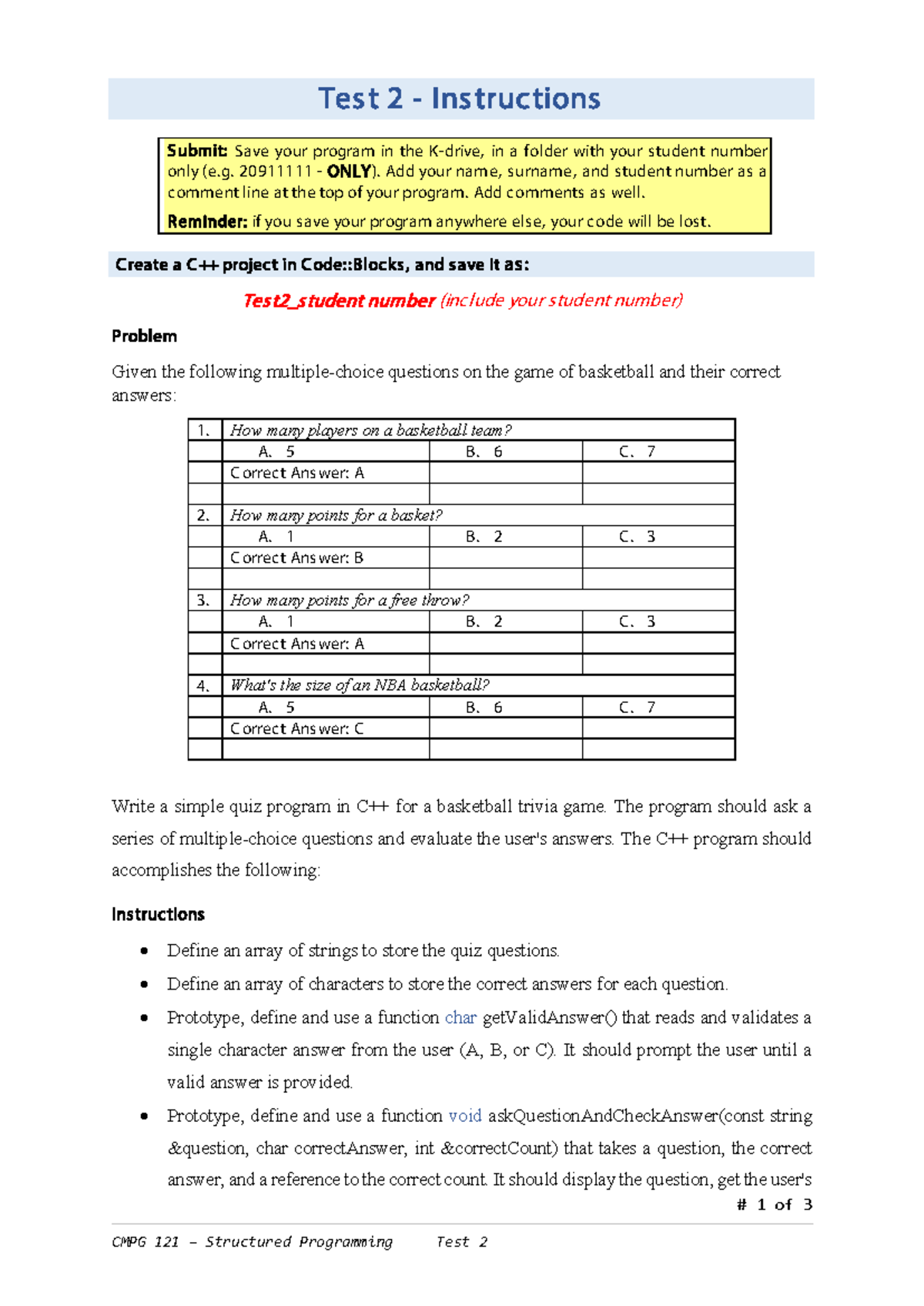 CMPG 121 Structured Programming Test 2: Basketball Quiz Program ...