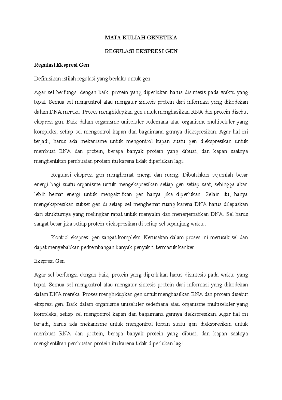 Regulasi Ekspresi Gen dalam Genetika: Konsep Dasar dan Mekanisme - Studocu