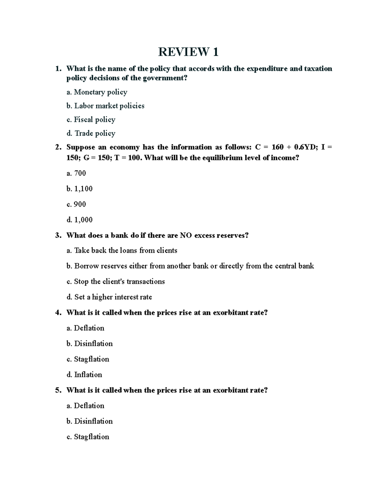 REVIEW 1: Key Concepts in Macroeconomics and Economic Policies - Studocu
