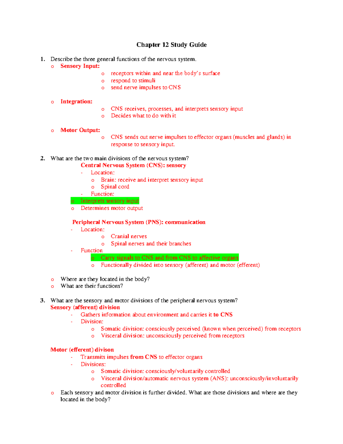 Nervous System Overview: Chapter 12 Study Guide (BIOL 101) - Studocu
