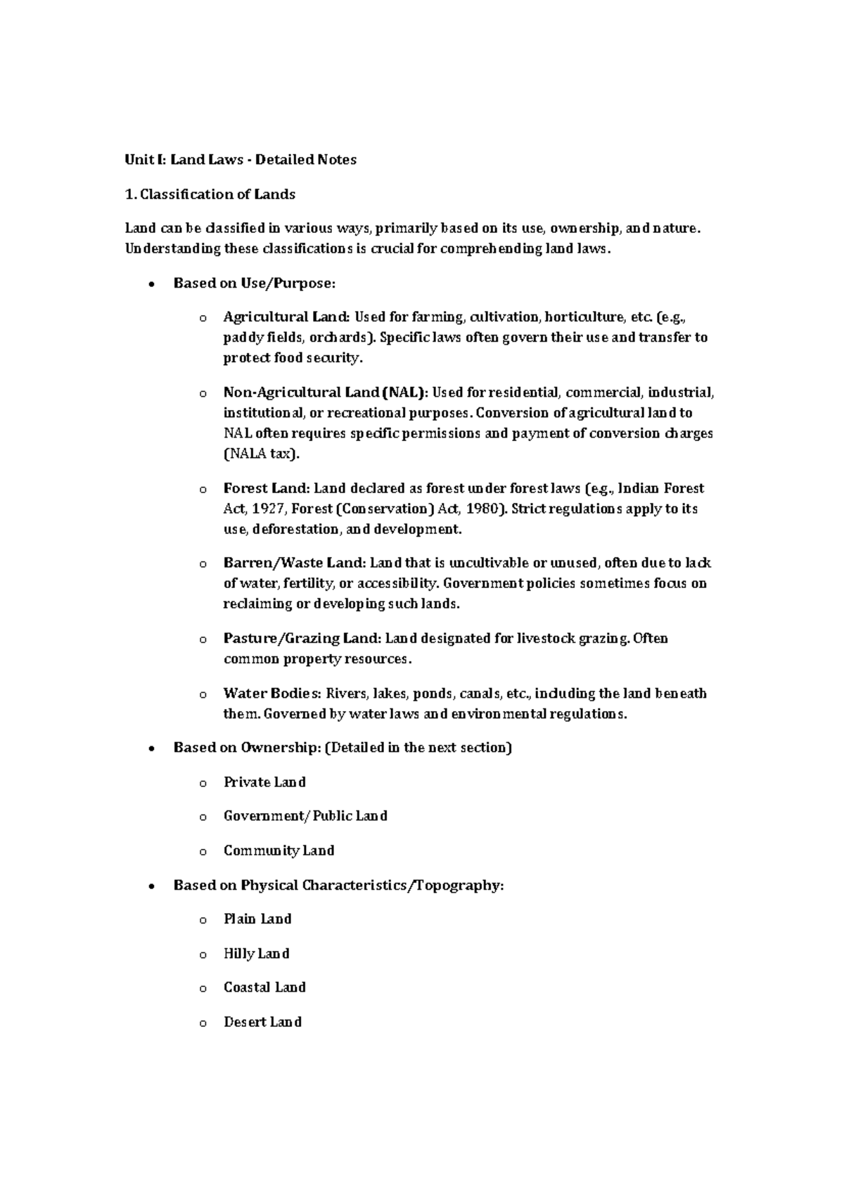 Unit I & II: Comprehensive Land Laws Notes for 4th Sem LLB - Studocu