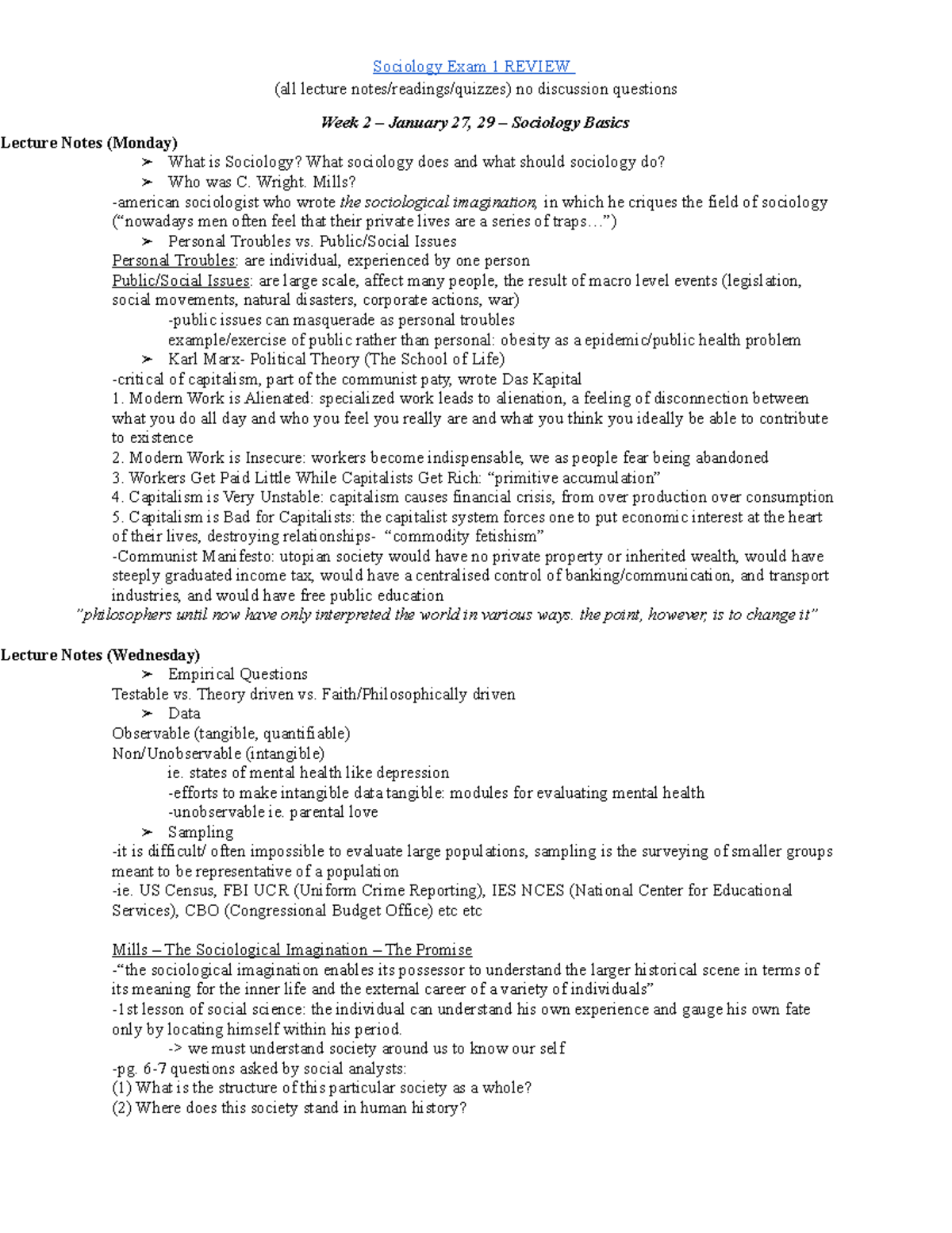 Sociology 101: Exam I Review Notes on Key Concepts and Theories - Studocu