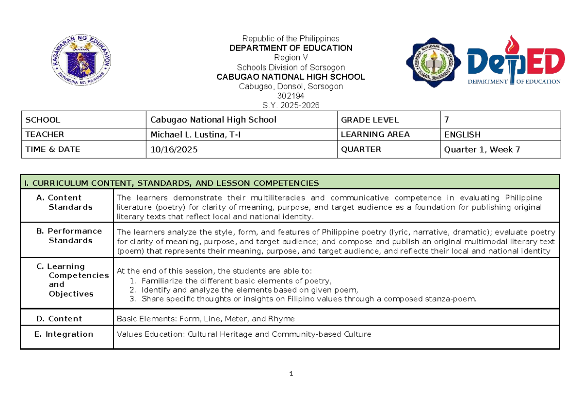 DLP DEMO: Lesson Plan for Grade 7 English - Quarter 1, Week 7 - Studocu