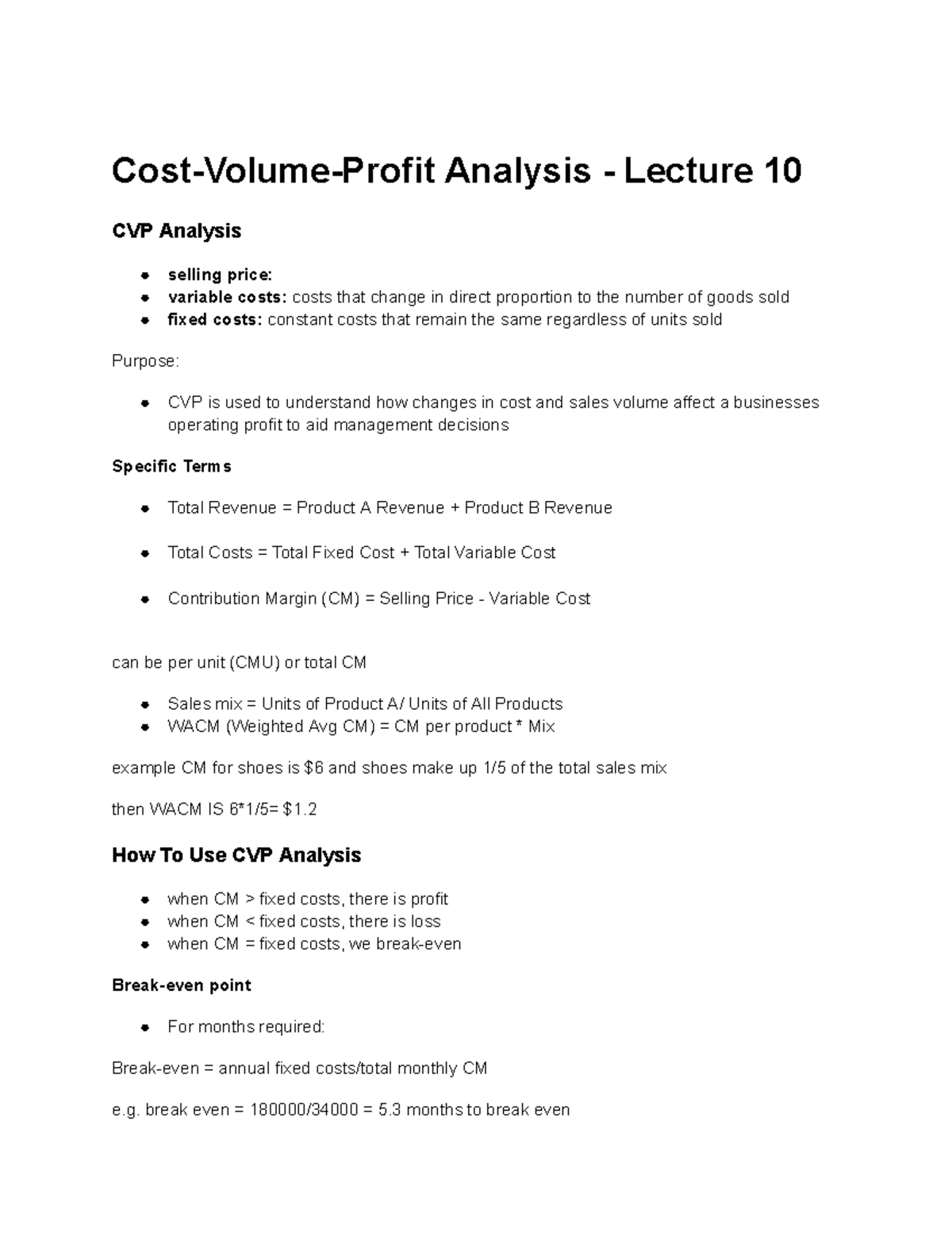 ARA Week 10 Lecture Summary: CVP Analysis and Profit Management - Studocu