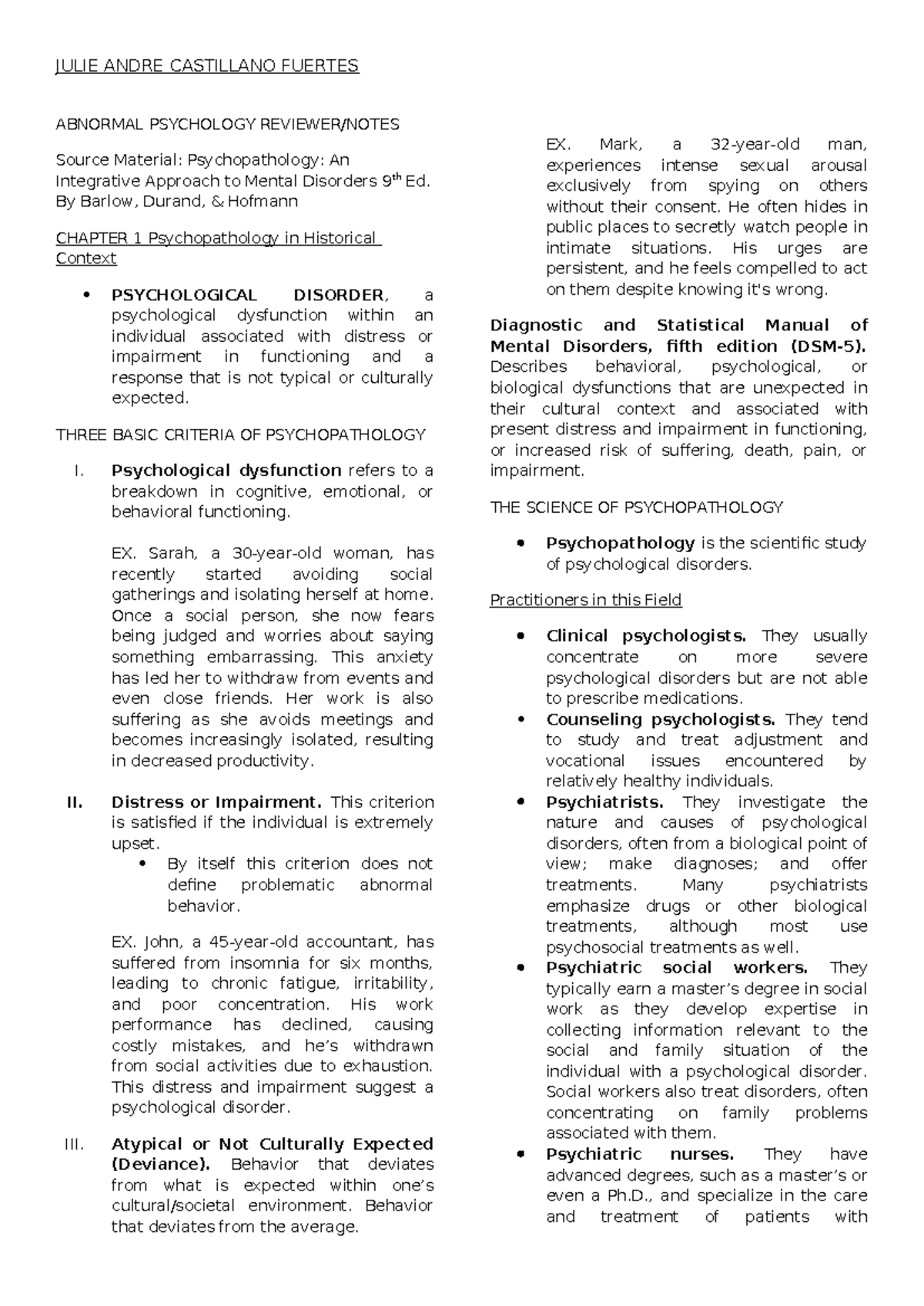 Abnormal Psychology (PSYC 101): Comprehensive Reviewer Notes - Studocu