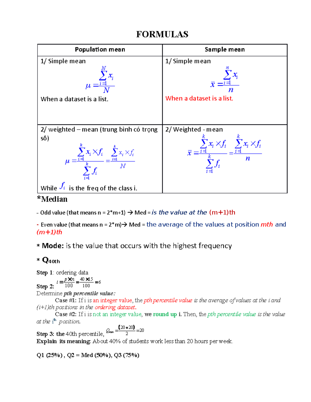 Formulas - FORMULAS Population mean Sample mean 1/ Simple mean 1 N i i ...