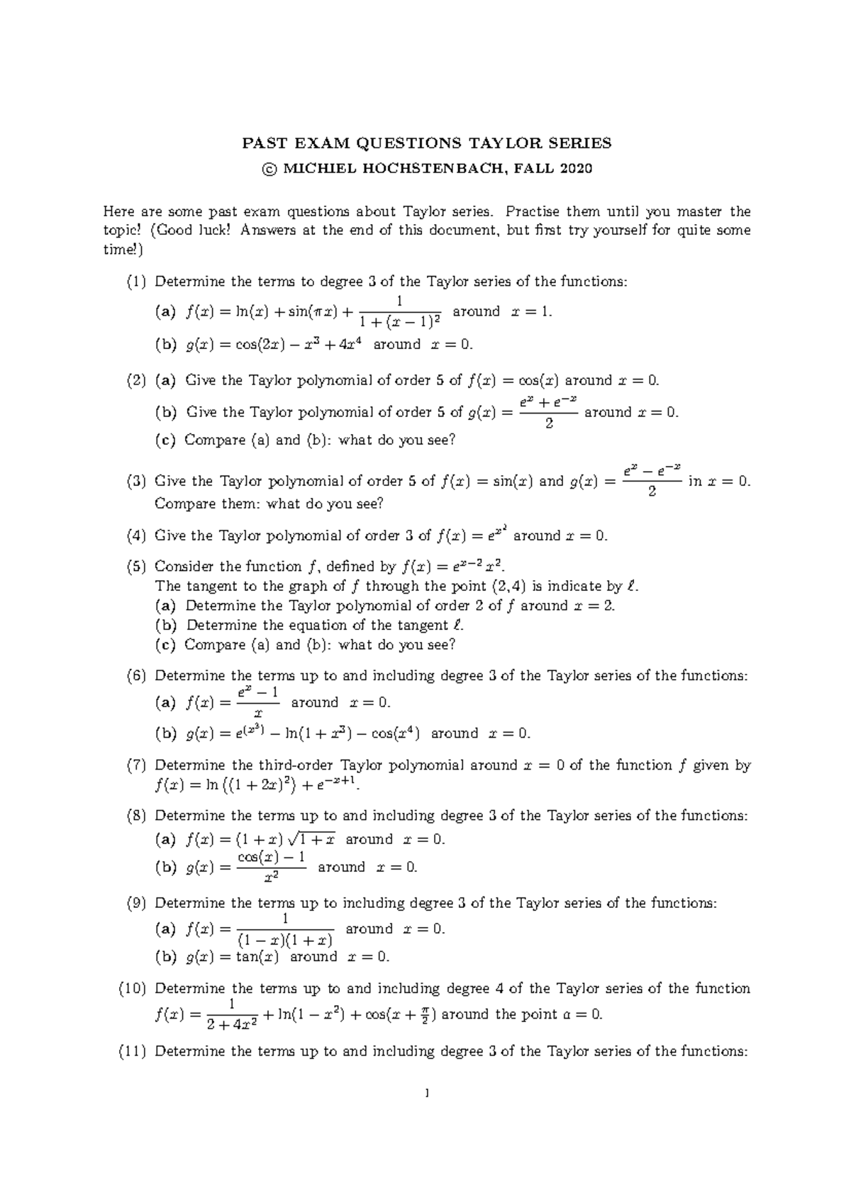 Past Exam Questions on Taylor Series - MATH 2020 - Studeersnel