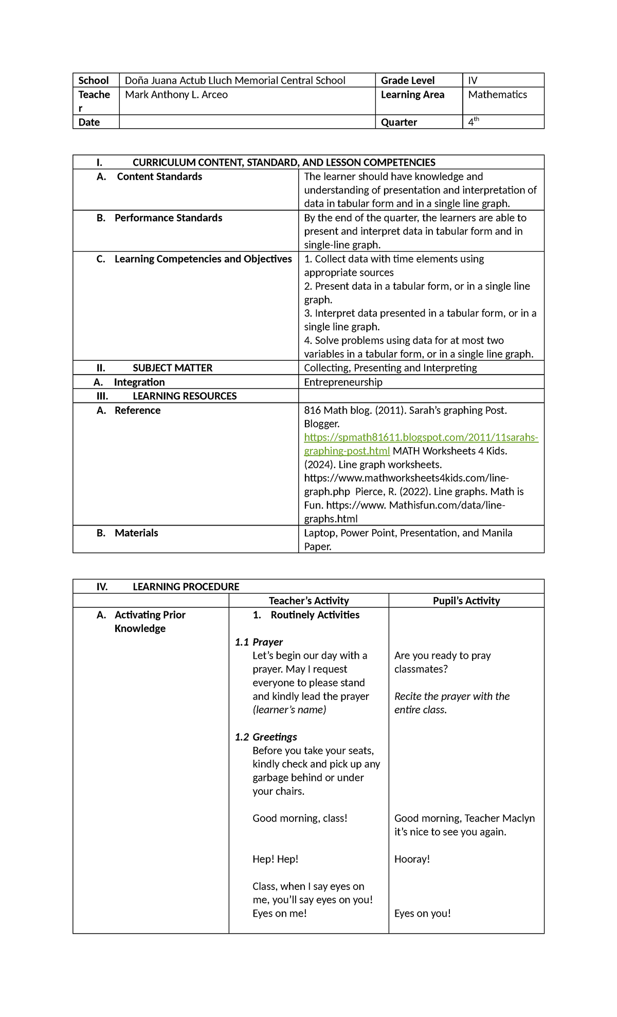 DLP MATH 4 Graphs - Lesson Plan for Grade IV Mathematics - Studocu
