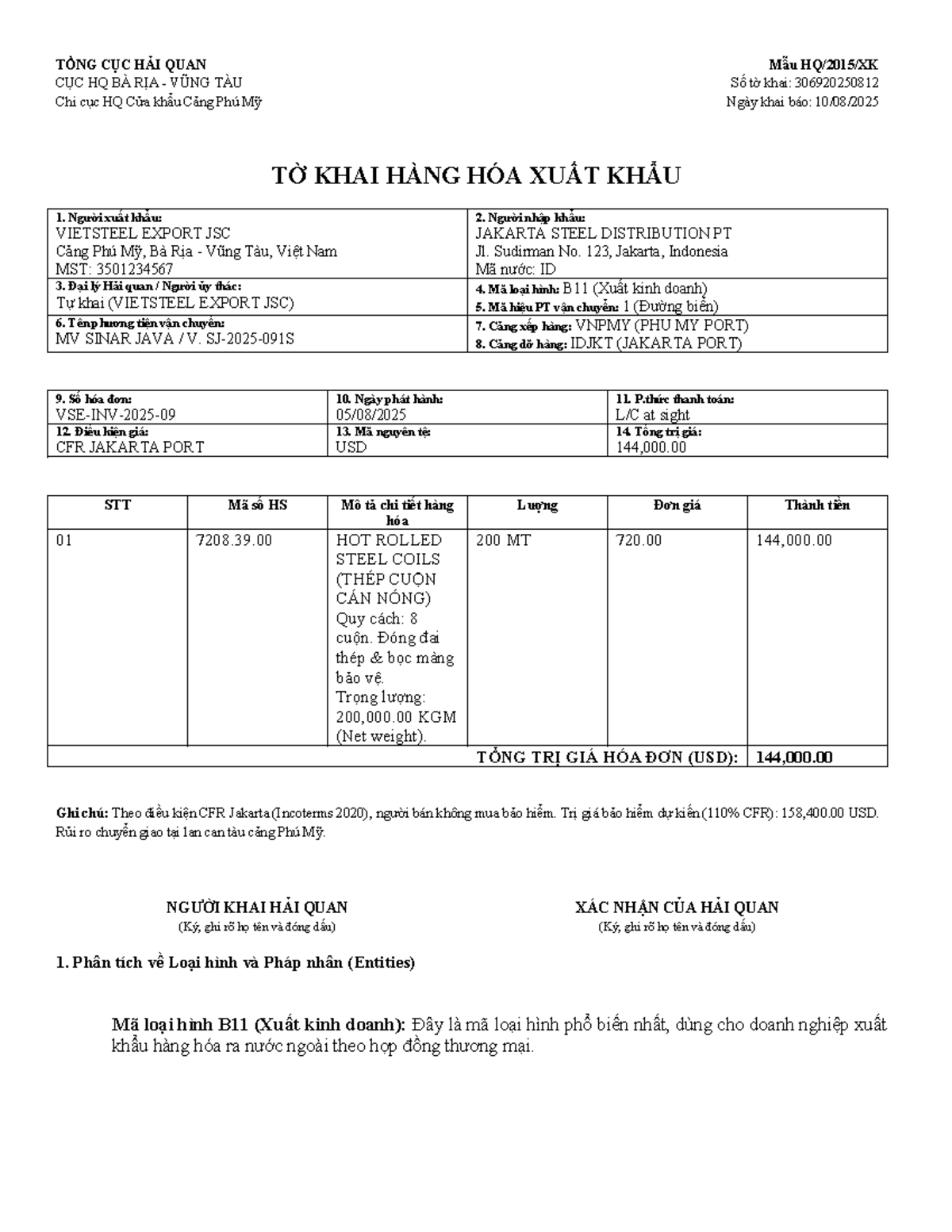 Tờ Khai Hải Quan Xuất Khẩu Mẫu 306920250812 - VIETSTEEL - Studocu
