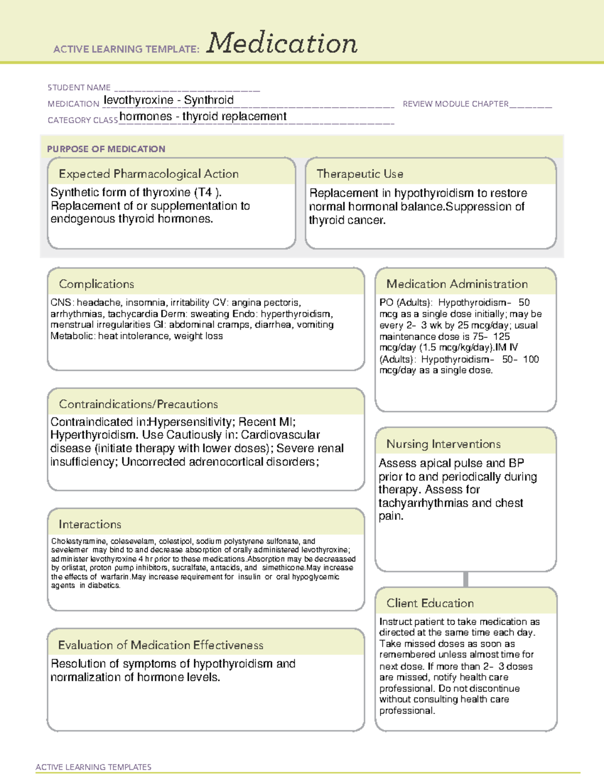 Synthroid (Levothyroxine) Medication Card - Active Learning Template ...