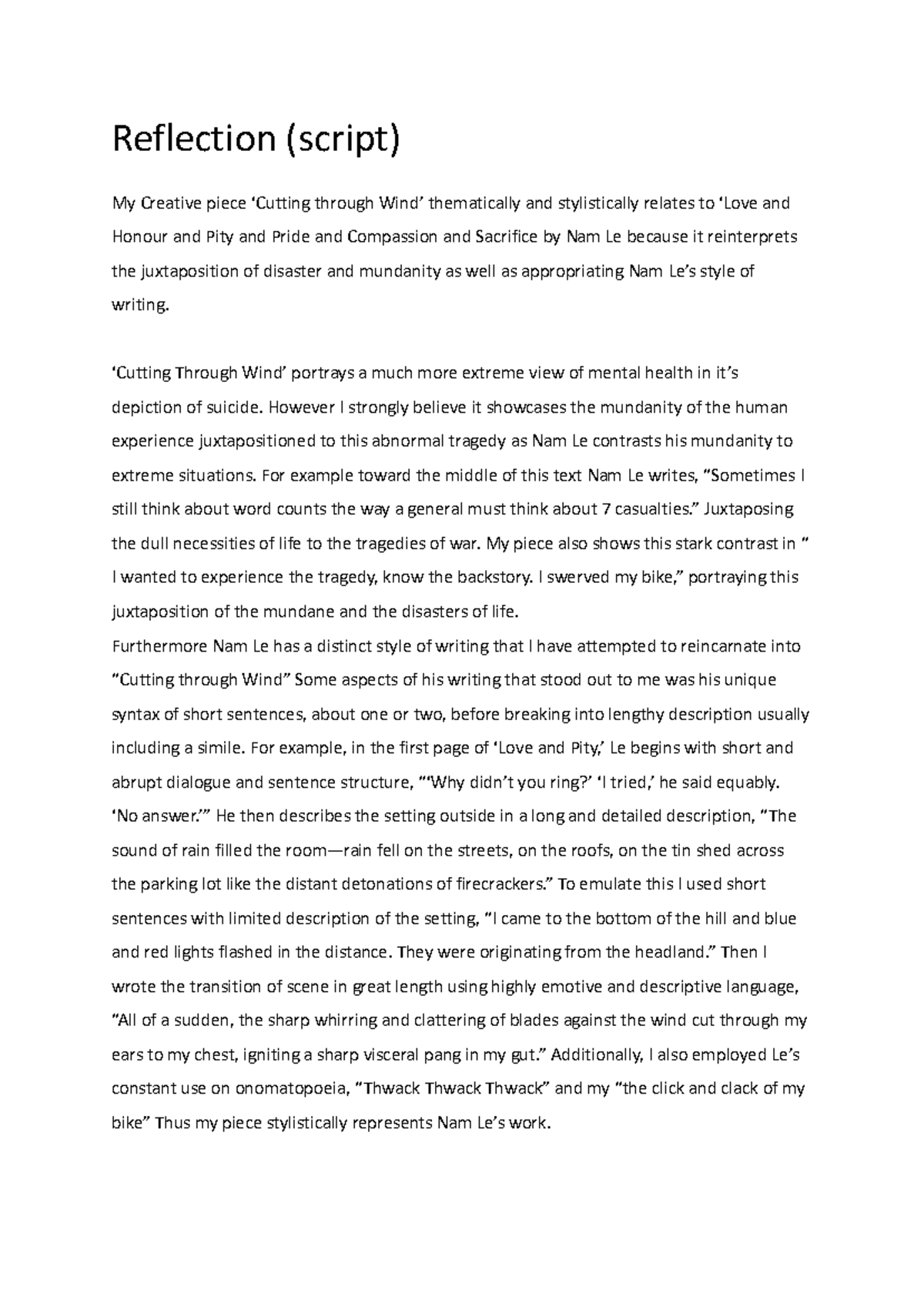 Reflection on Creative Piece: Year 12 English Advanced AT2 - Studocu