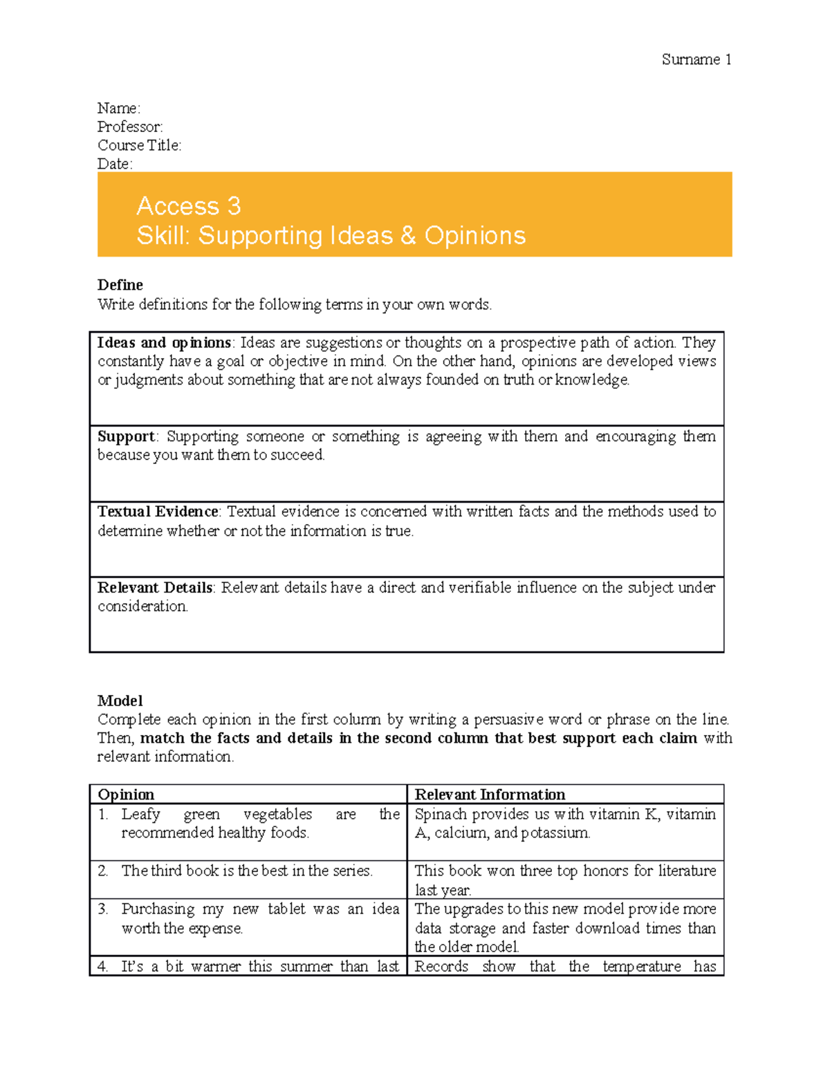 Legends Textual Evidence Worksheet: Ideas & Opinions Support Guide ...