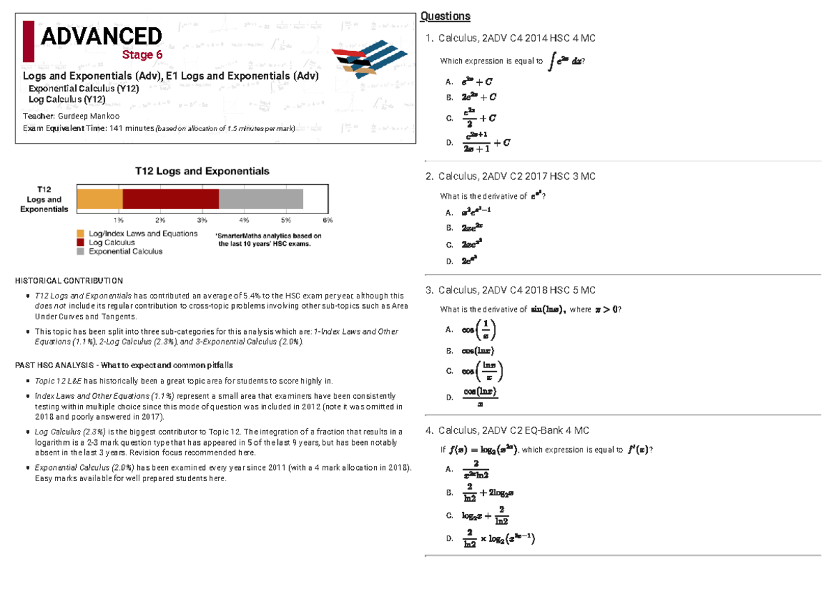 Log and Exponential Calculus - Logs and Exponentials (Adv), E1 Logs and ...