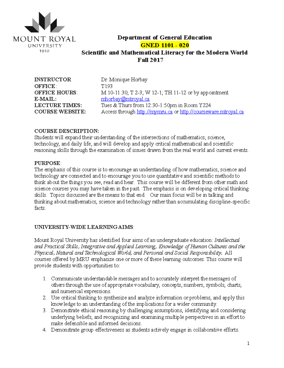 GNED 1101 - 020 Course Outline: Scientific & Mathematical Literacy ...