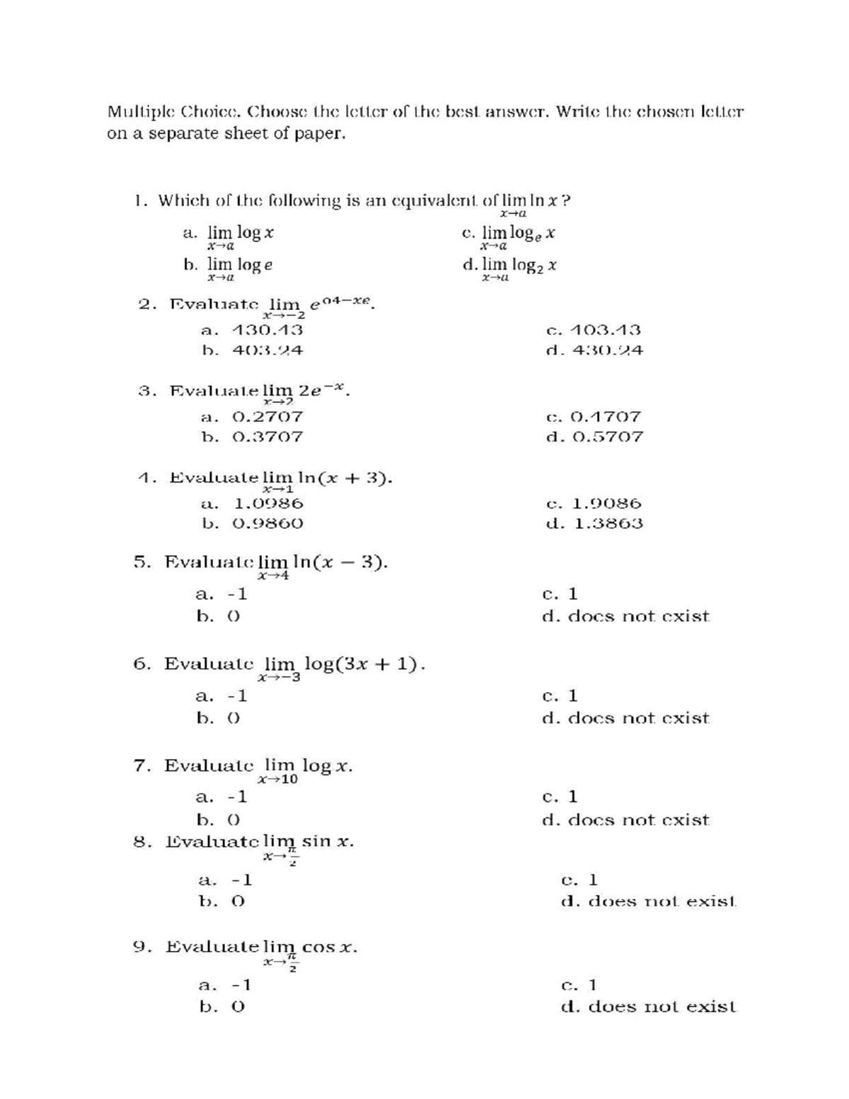 Math 101: Long Quiz - 3rd Quarter Limits and Evaluations - Studocu
