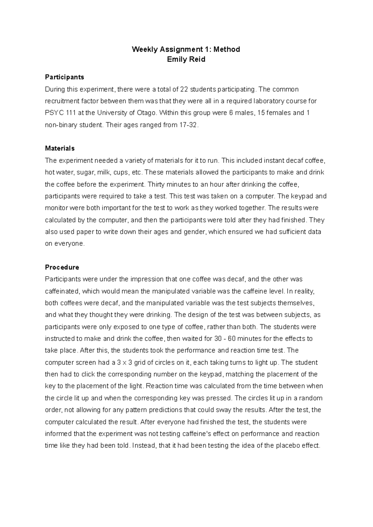 PSYC 111 - Weekly Assignment 1: Method and Participants Analysis - Studocu