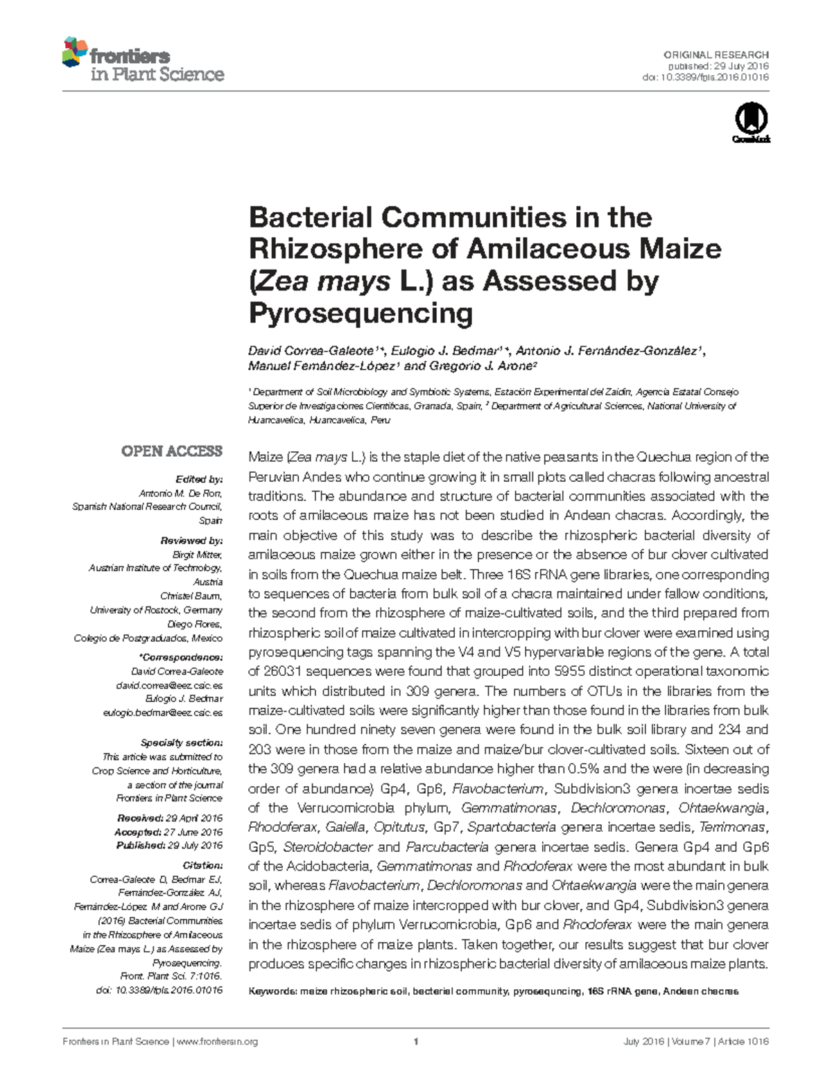 Bacterial Communities in the Rhizosphere of Amilaceous Maize (ZEA 1016 ...
