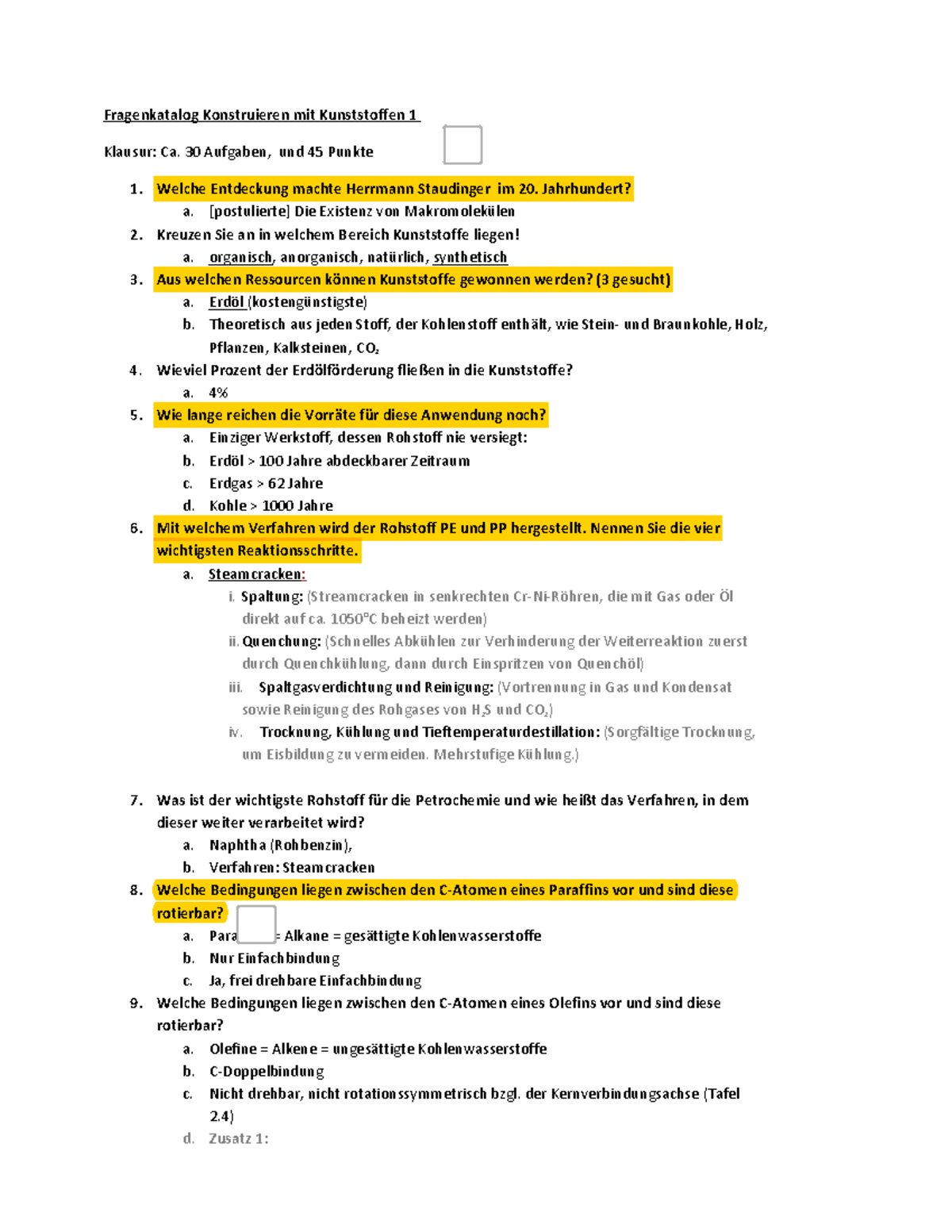 Fragenkatalog: Klausur zu Kunststoffen I (KA - 30 Aufgaben) - Document Preview