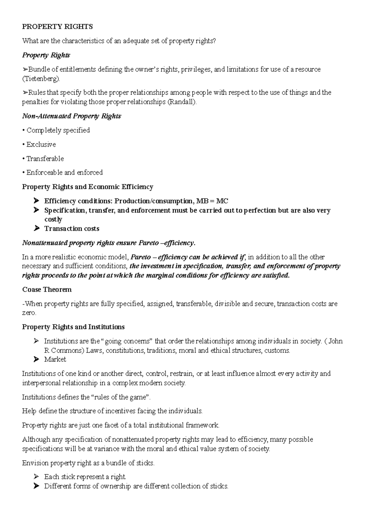 Summarize - Summary notes about NATRES - PROPERTY RIGHTS What are the ...