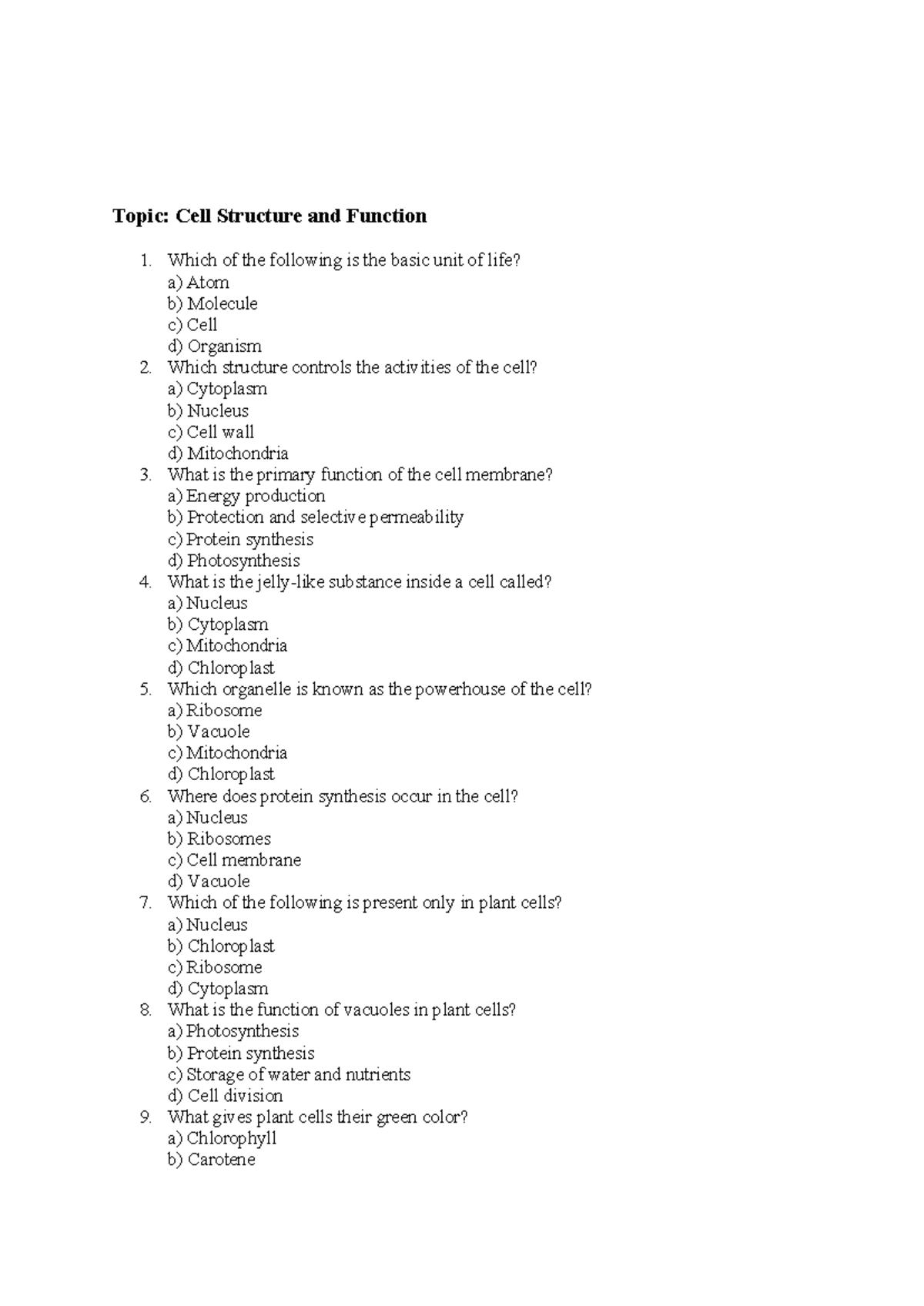 Cell Structure and Function Notes (Course Code: BIO101) - Studocu