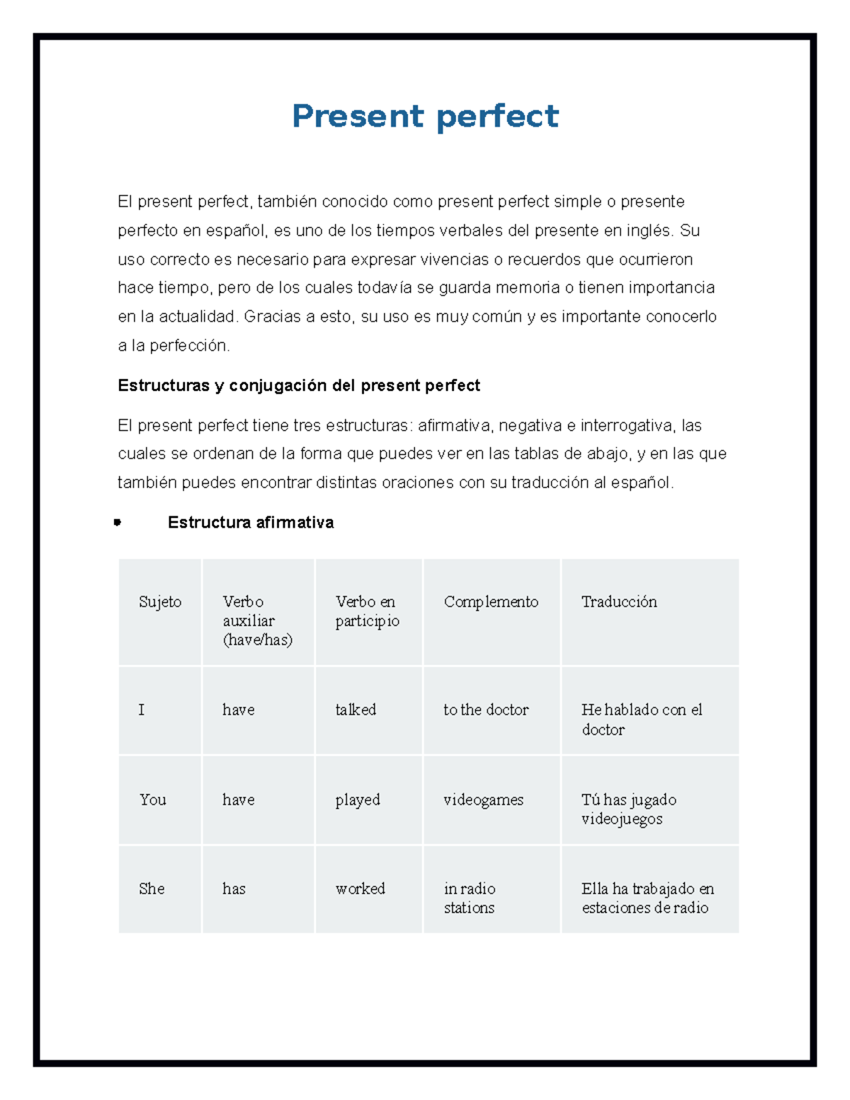 Notas sobre el Present Perfect: Estructuras y Funciones - Studocu