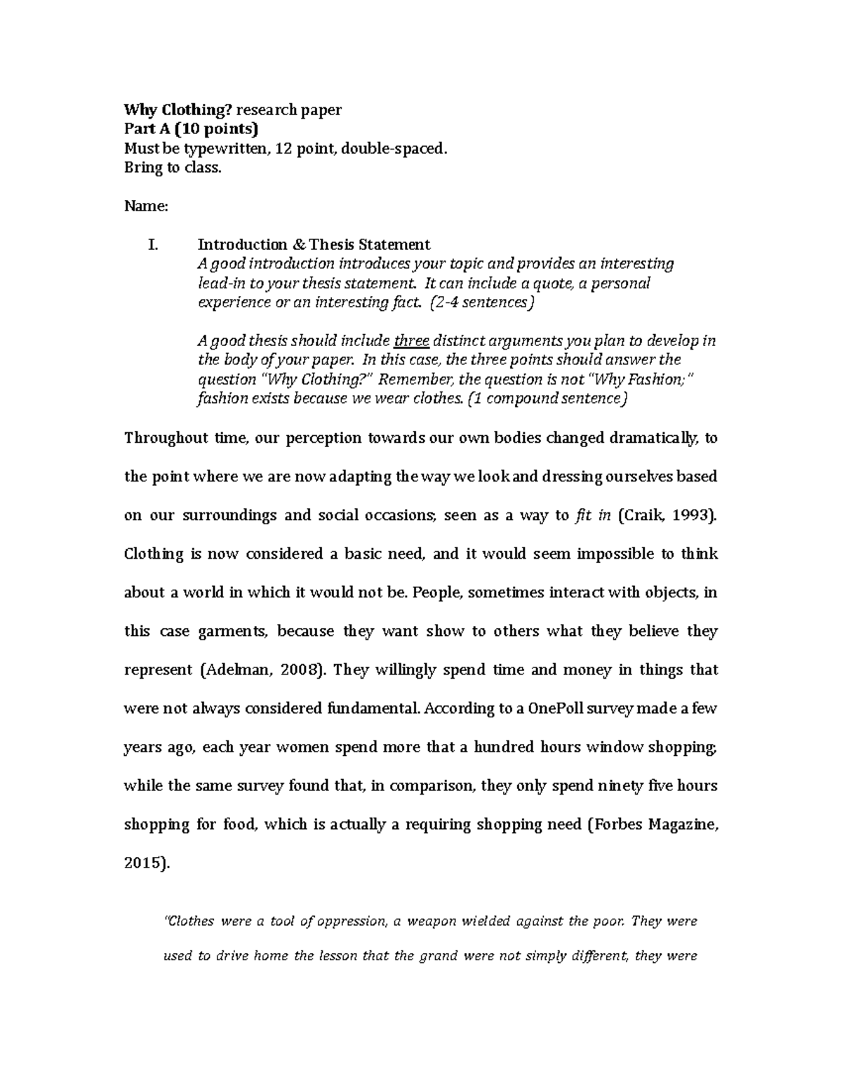 Why Clothing? Research Paper Part A Analysis and Thesis Development ...