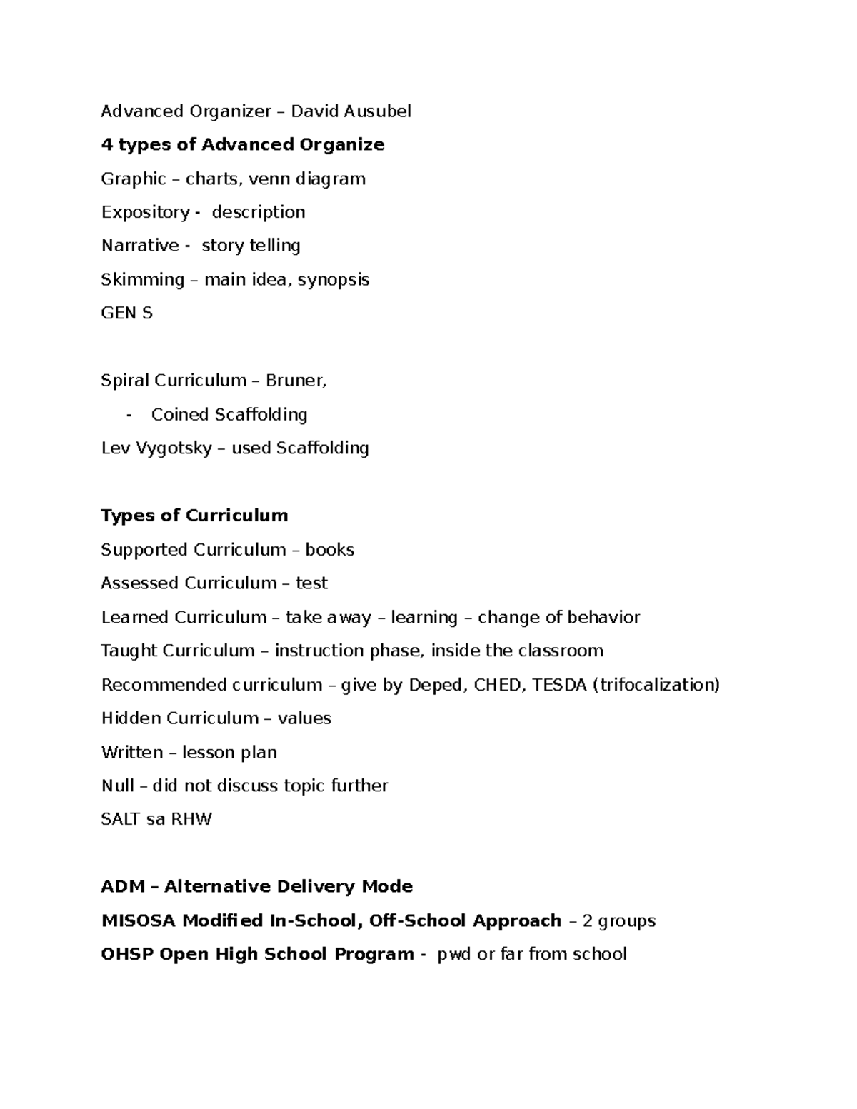 Professional Education - Advanced Organizer – David Ausubel 4 types of ...