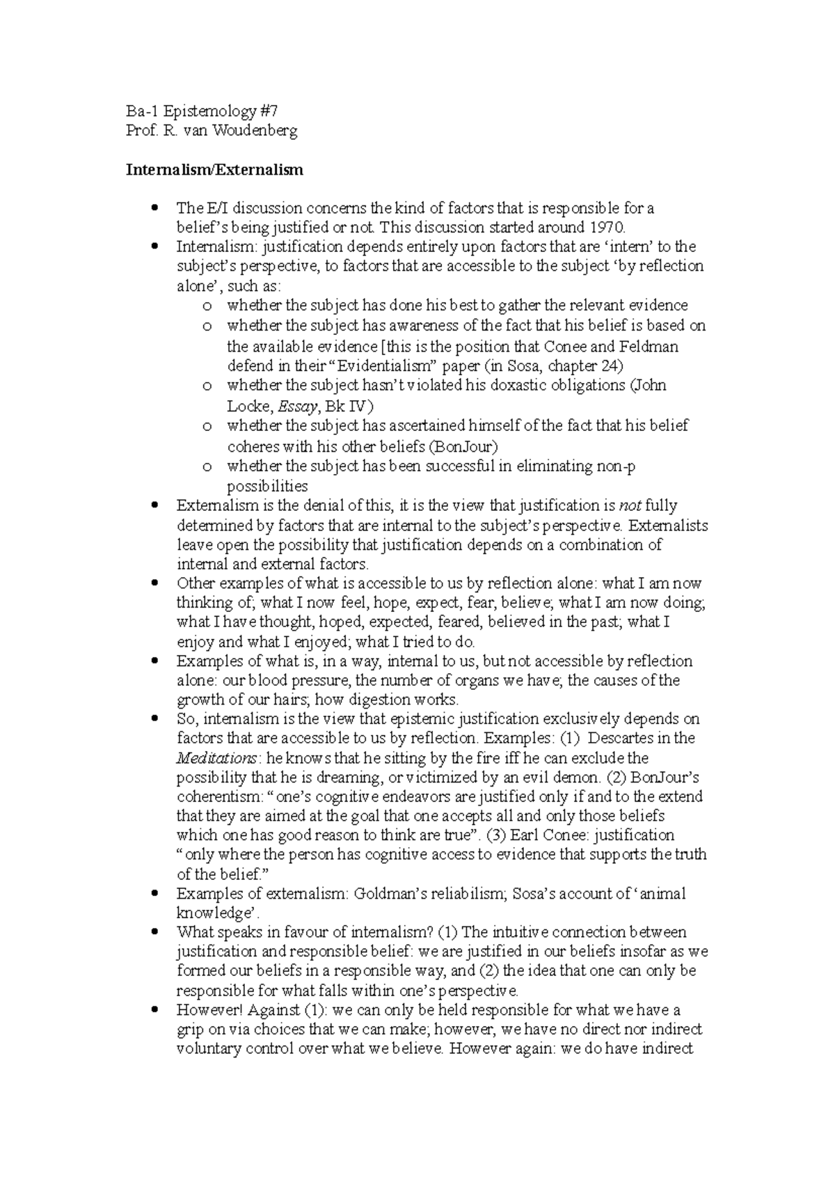 Ba-1 Epistemology: Handout 7 on Internalism vs Externalism - Studeersnel