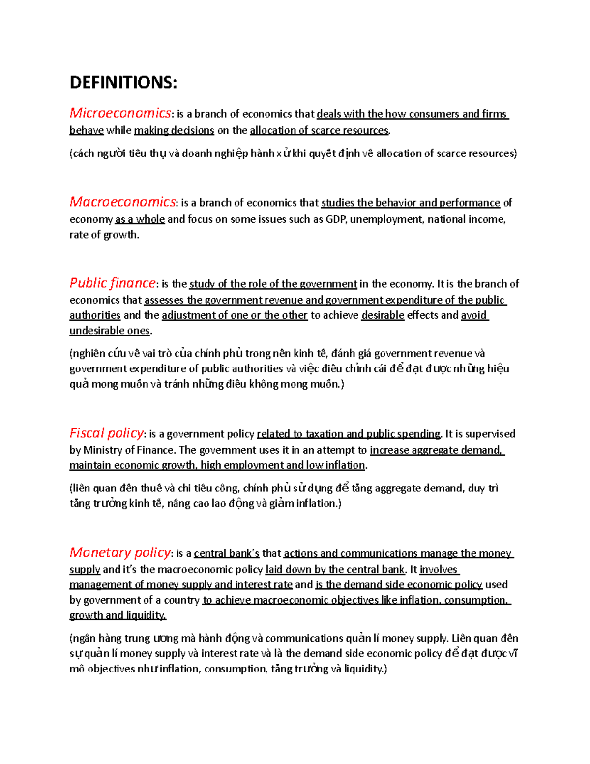 Microeconomics and Macroeconomics Key Definitions for Econ 101 - Studocu