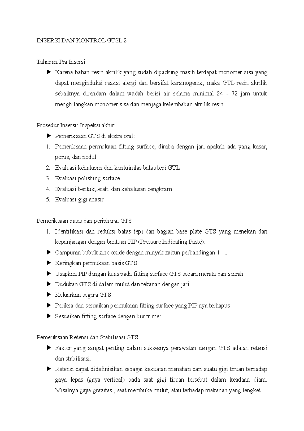 Prosedur Insersi dan Kontrol GTSL 2 untuk Gigi Tiruan - Studocu