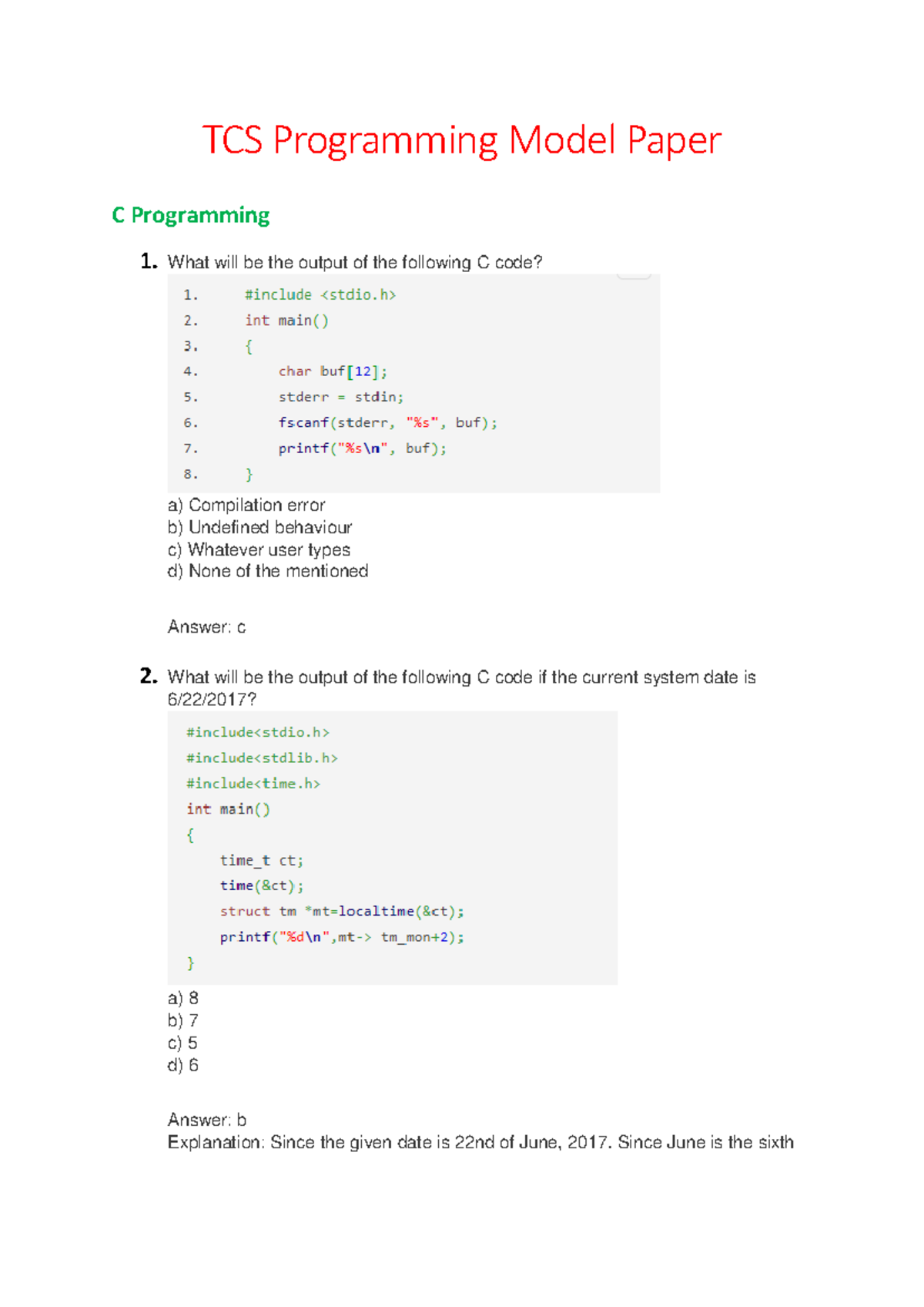 TCS Model Placement Paper - TCS Programming Model Paper C Programming 1 ...