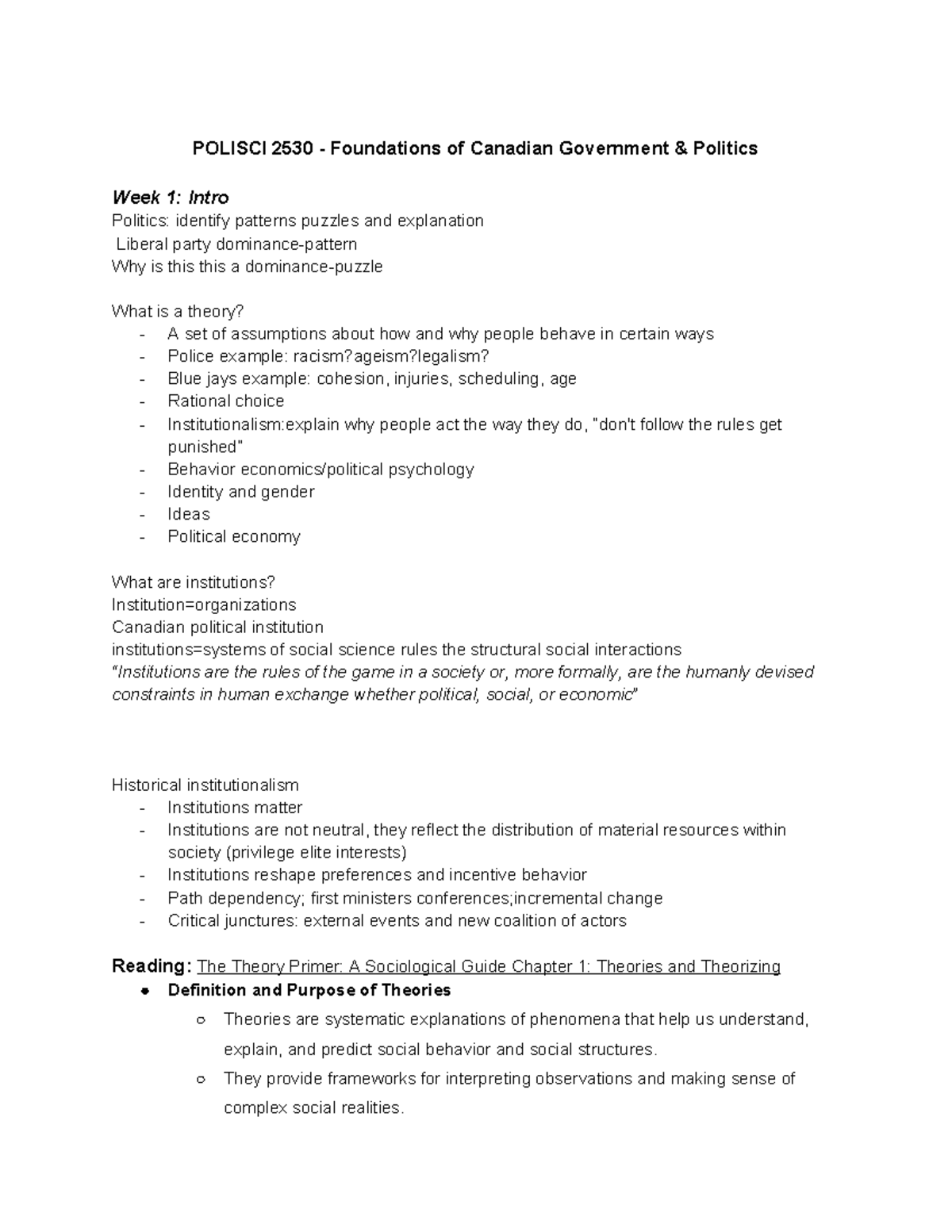 POLISCI 2530 Week 1: Introduction to Theories in Canadian Politics ...