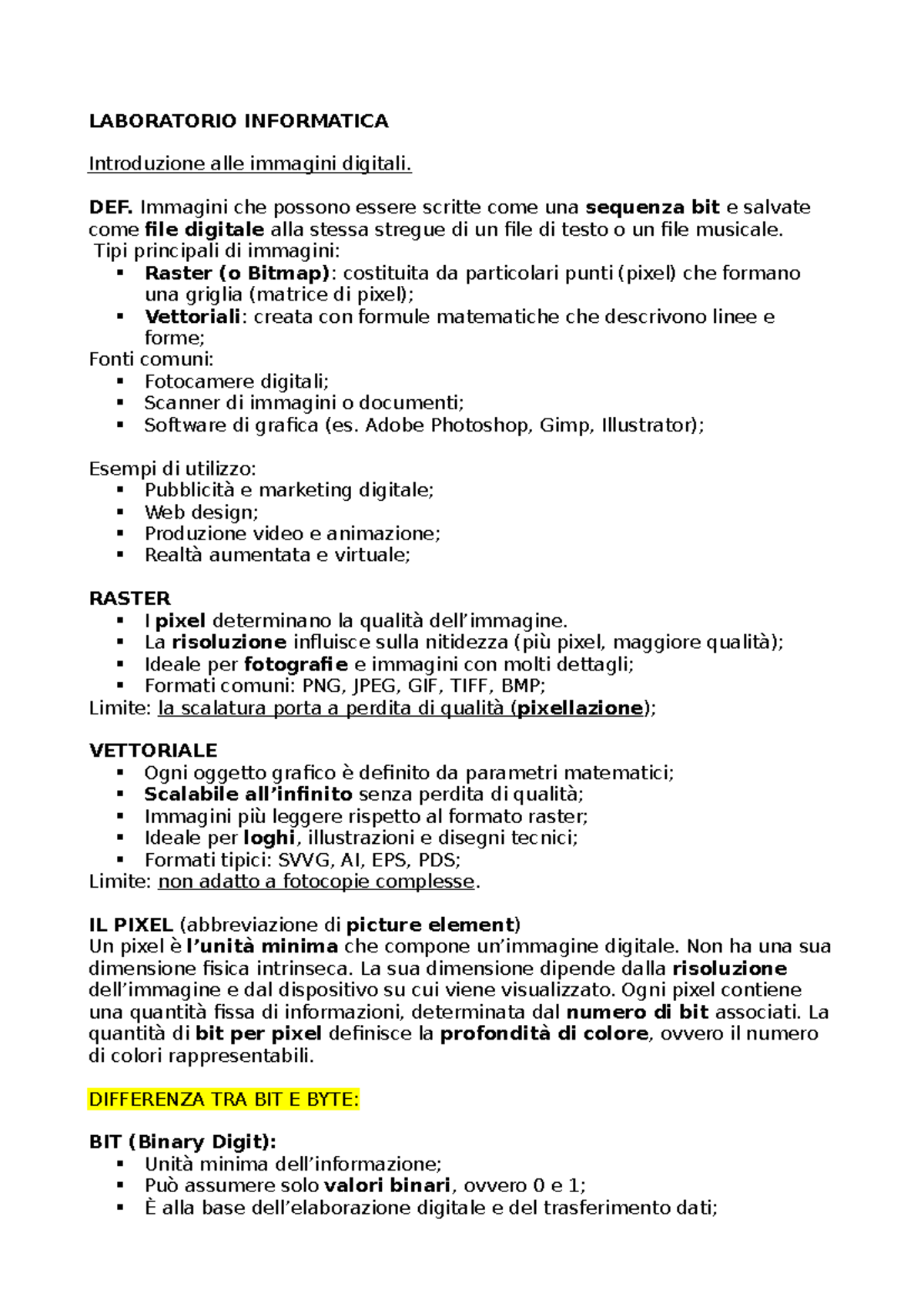 LABORATORIO INFORMATICA: Introduzione alle Immagini Digitali e Video - Document Preview