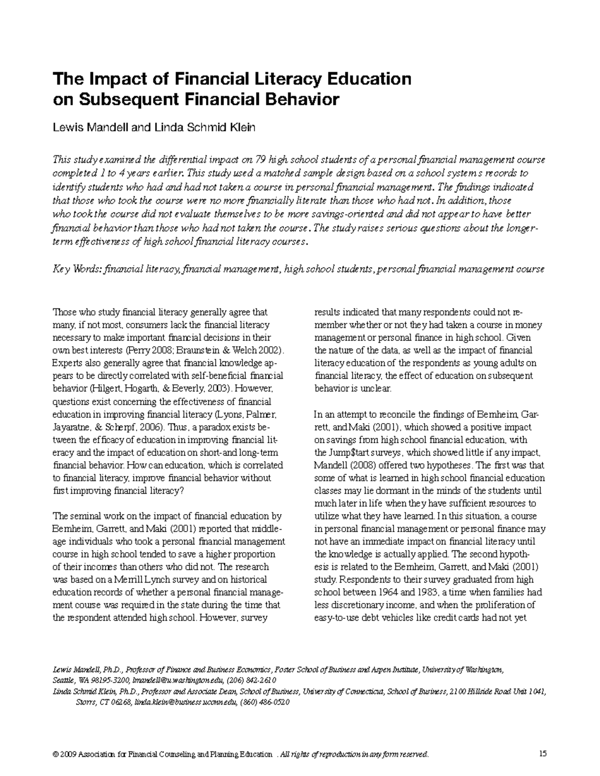 The Impact of Financial Literacy Education on Student Behavior: A Study ...