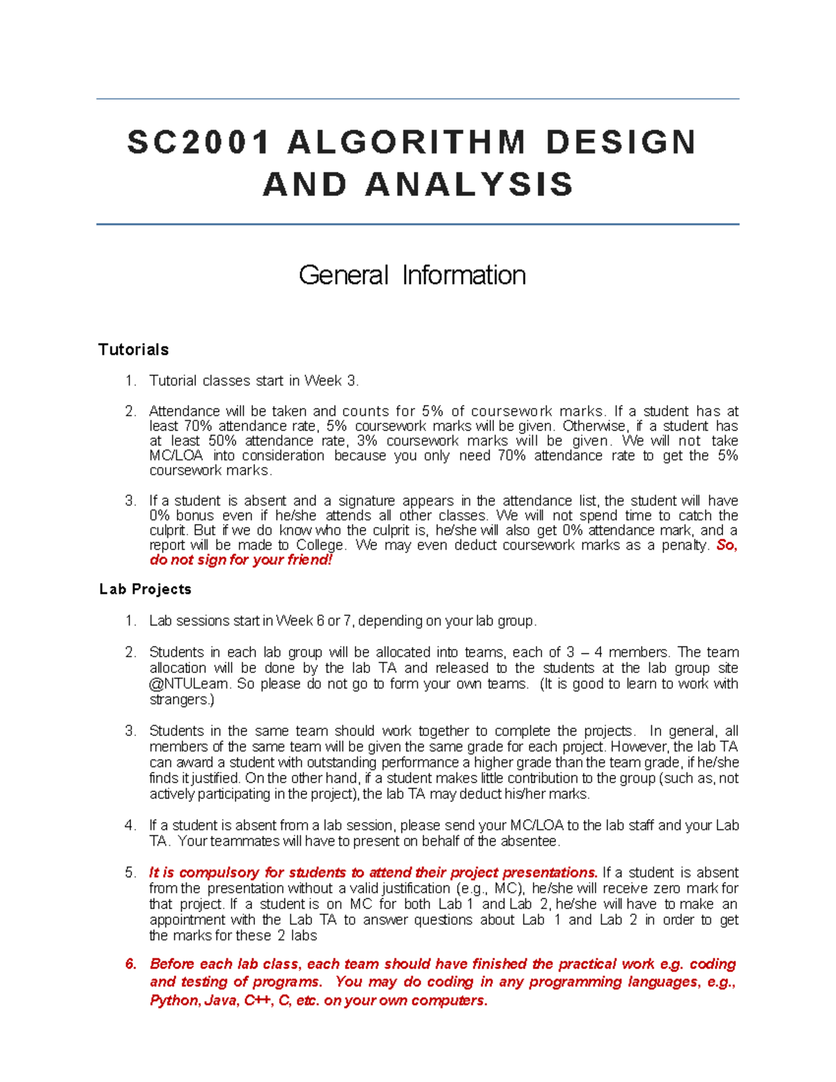 SC2001 Algorithm Design & Analysis: General Info 23S2 - Studocu