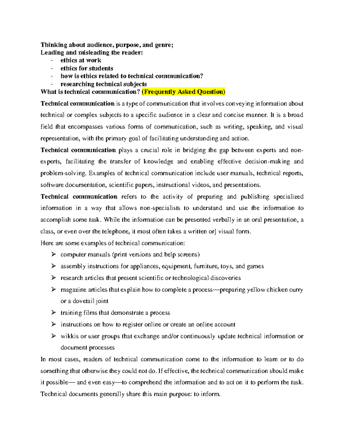 Technical Communication Unit 1 Notes: Audience, Purpose & Ethics - Studocu