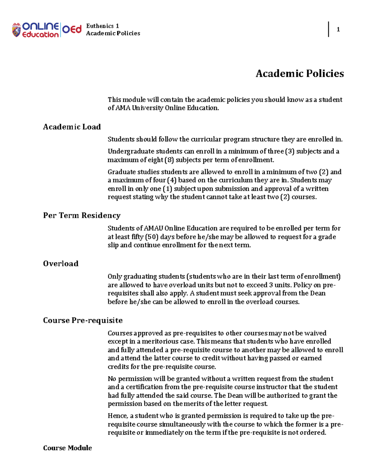 Euthenics 1 - Academic Policies Module Overview and Guidelines - Studocu