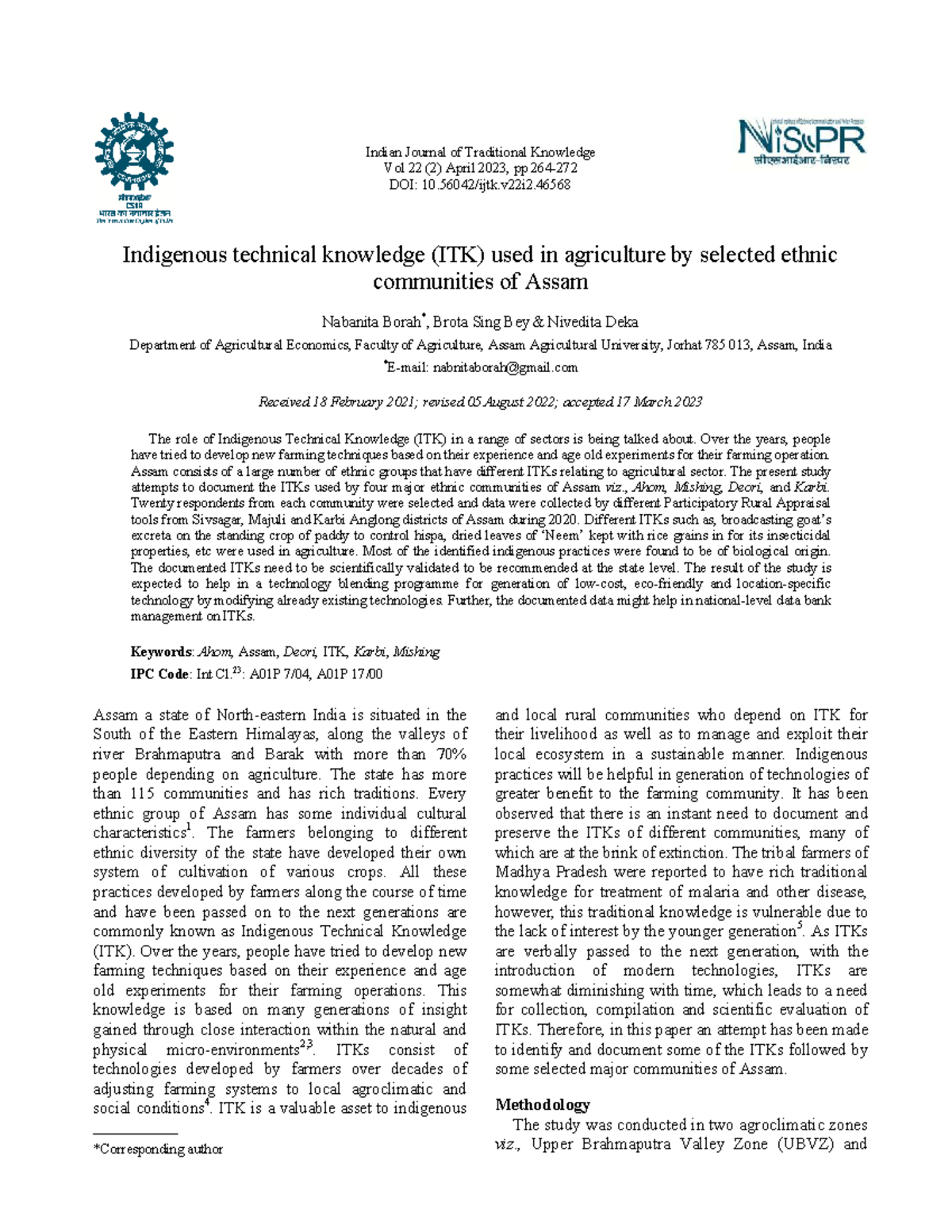 Indigenous Technical Knowledge in Agriculture: A Study of Assam's ...