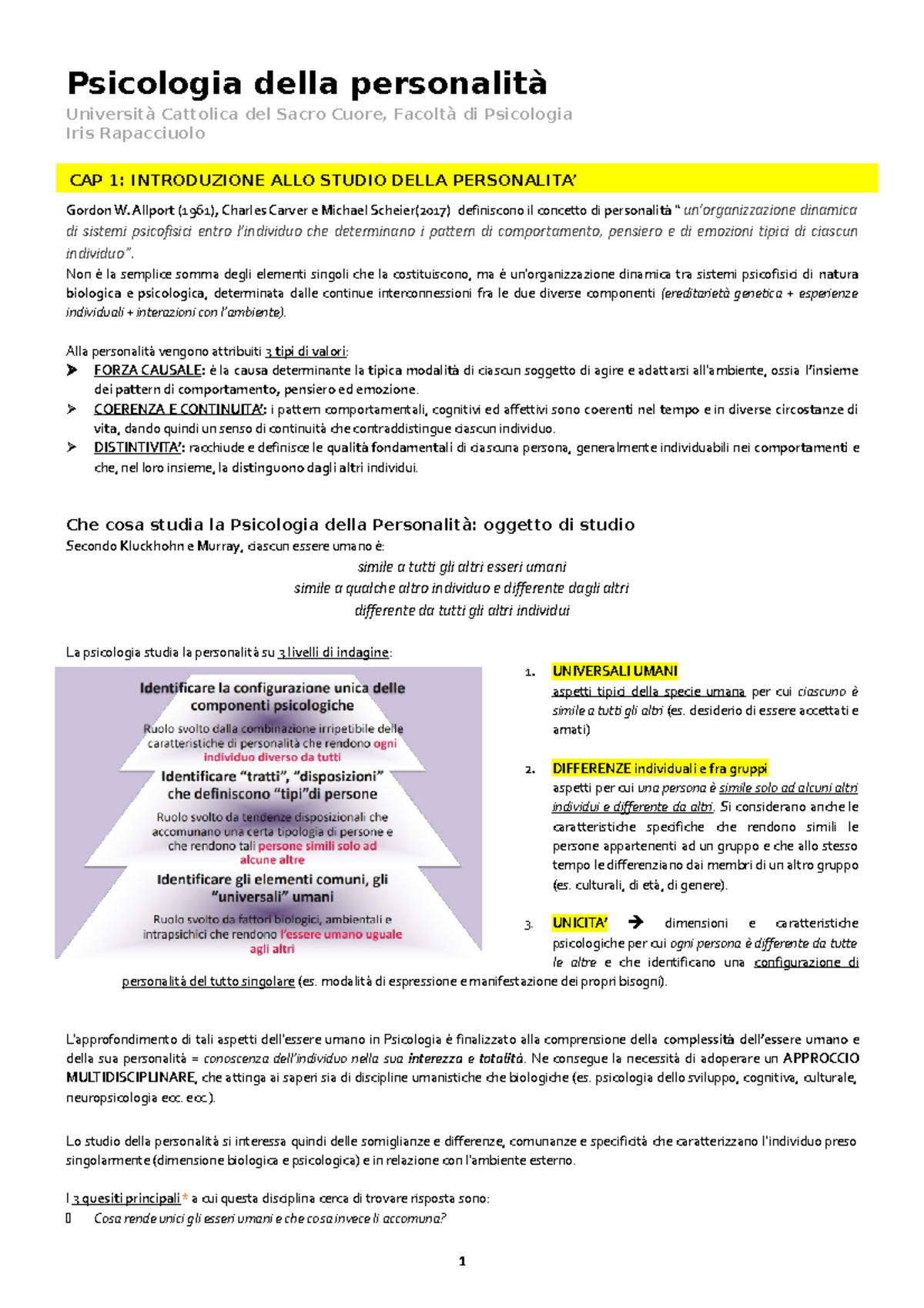 Appunti di Psicologia della Personalità - PSY 101 - Introduzione e ...