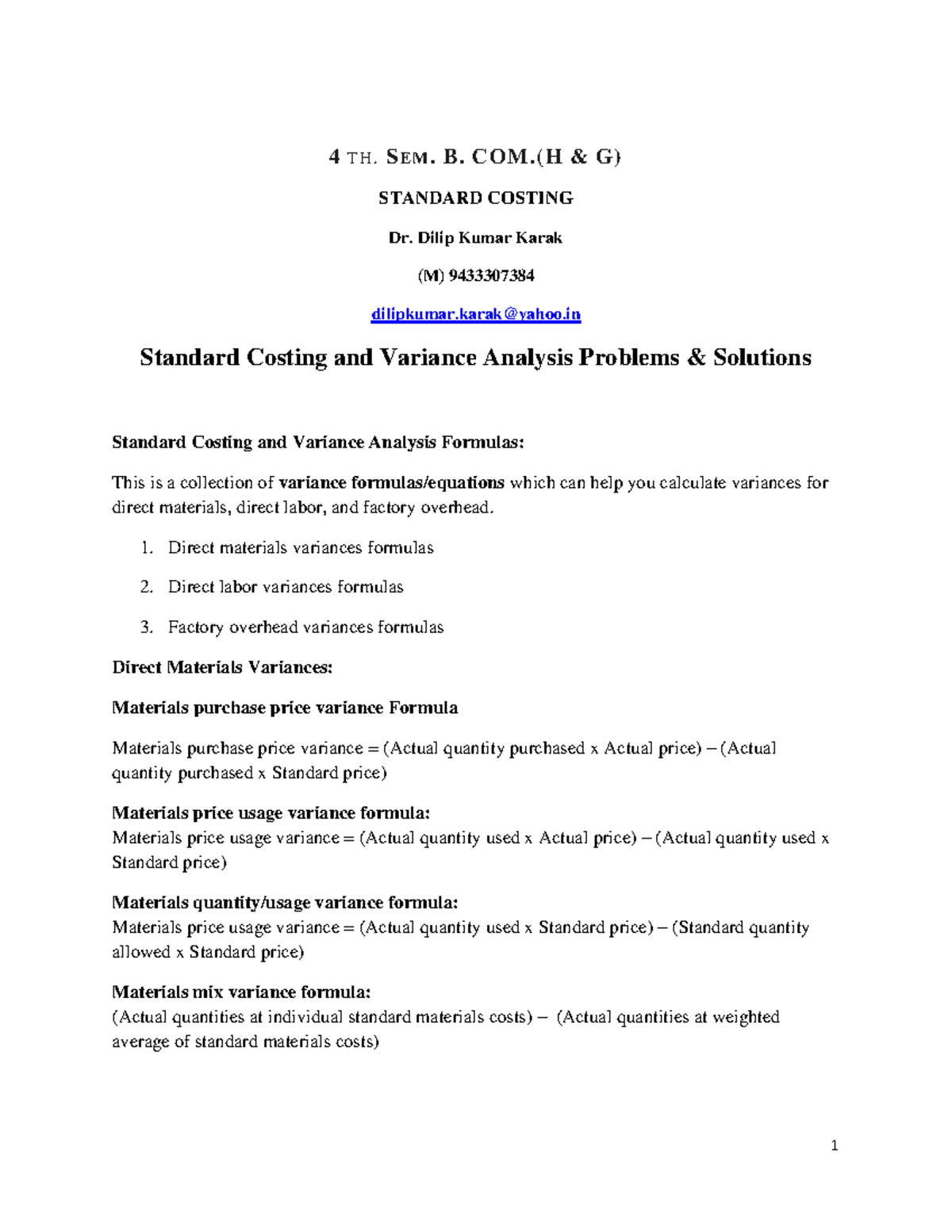 B.COM(H&G) 4th Sem: Standard Costing & Variance Analysis Solutions ...