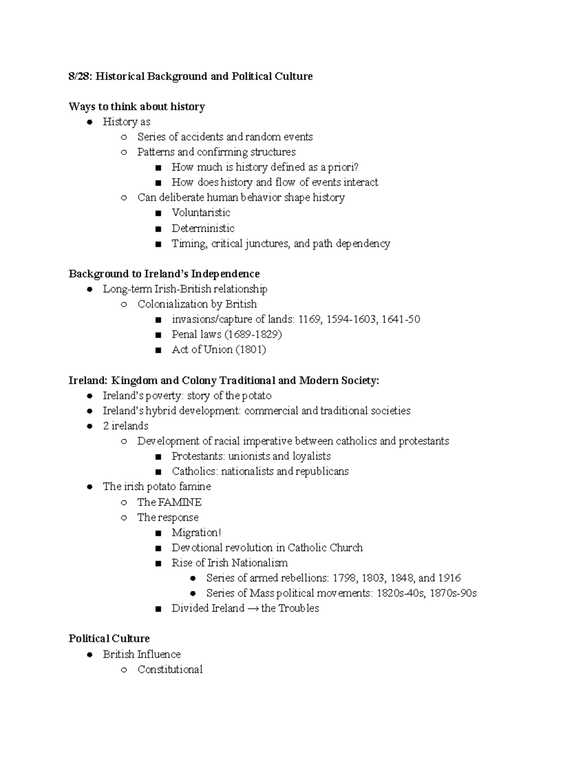 Irish Politics Historical Notes - Overview and Key Concepts - 8/28 ...