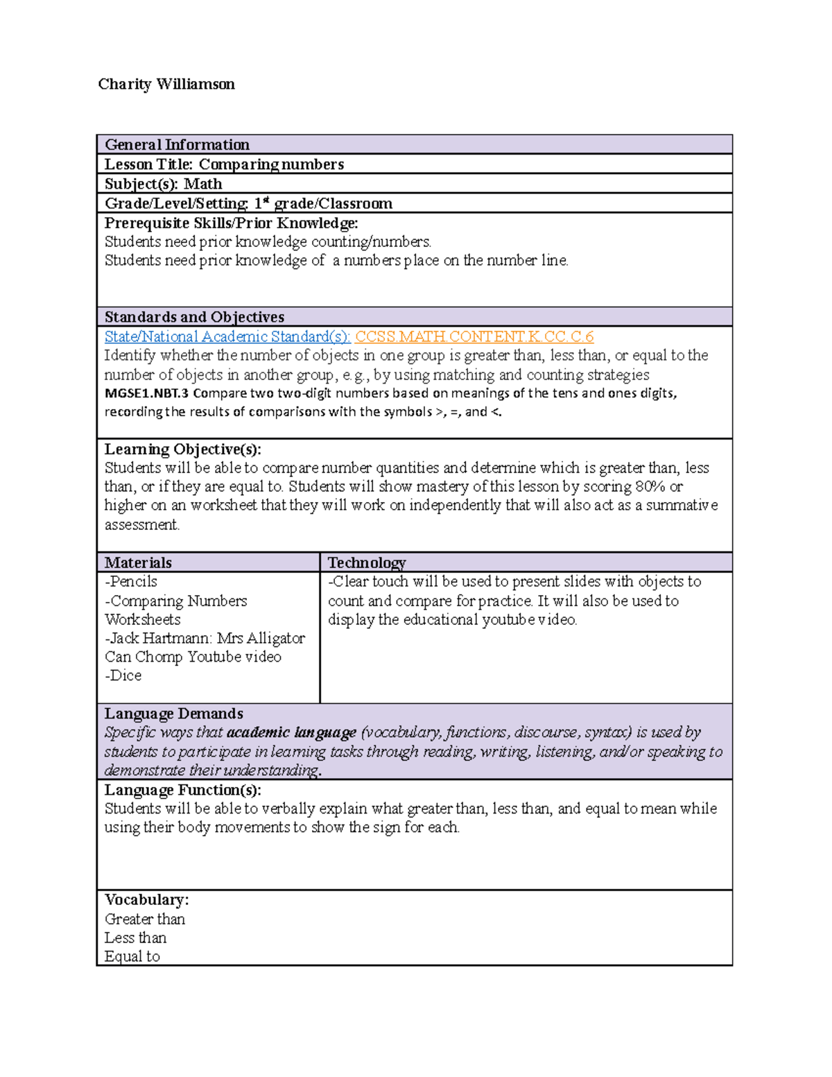 Elem. Dis. Lit. Task 1 - Lesson Plan: Comparing Numbers in 1st Grade ...