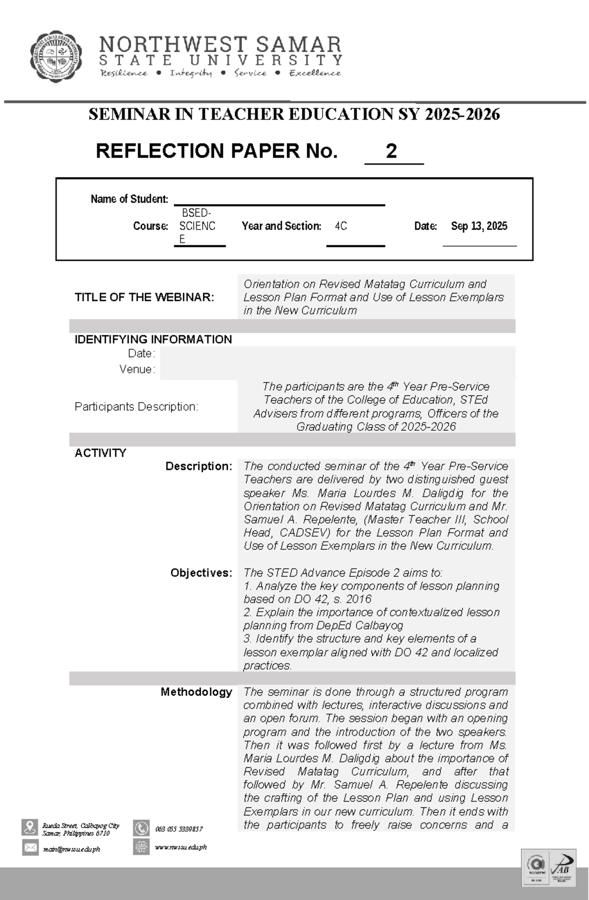 BSED 4C Reflection Paper on Revised Matatag Curriculum Seminar - Studocu