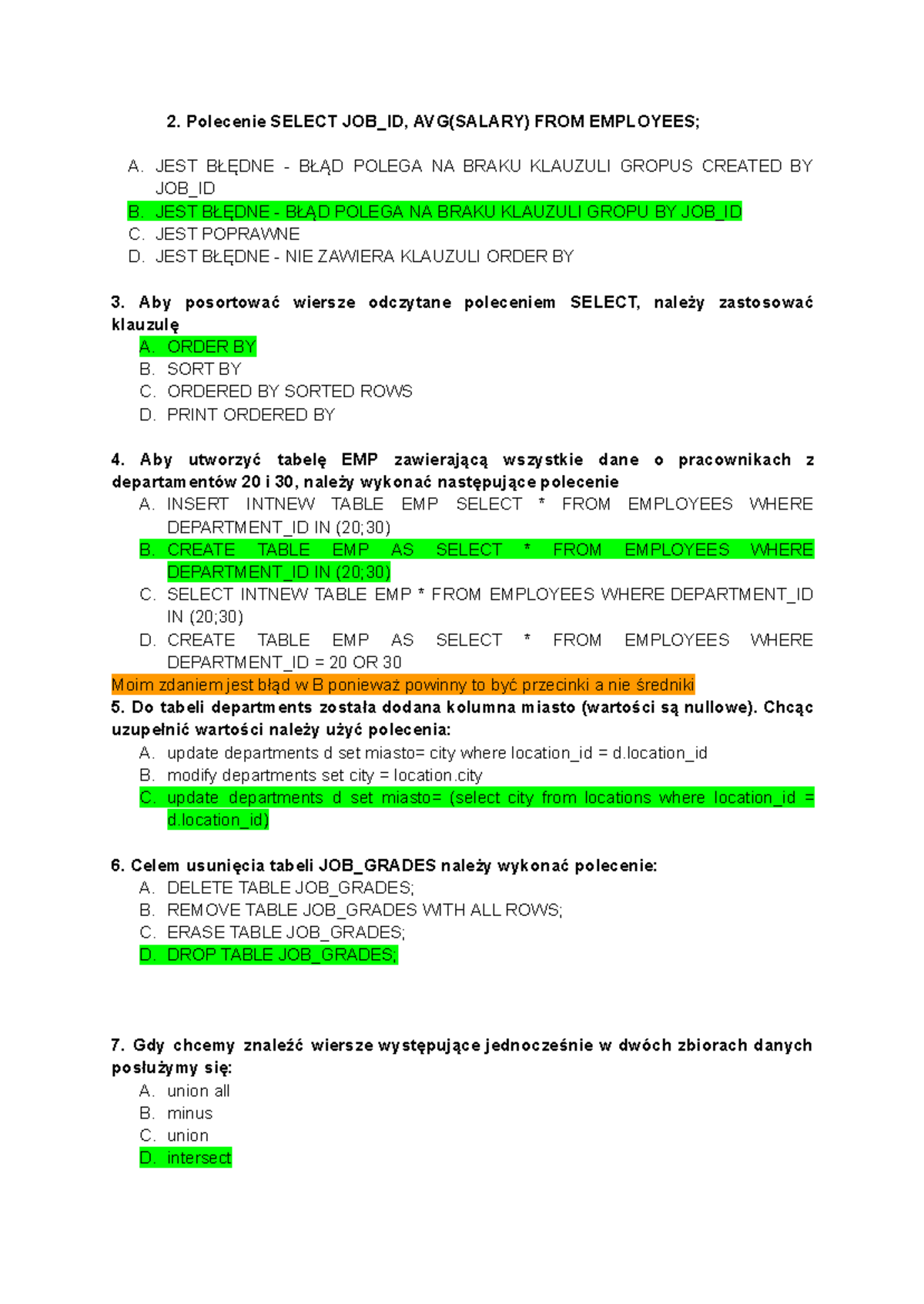 Pytania z poprzedniego roku - Egzamin SQL 2021 (KOD: SQL101) - Studocu