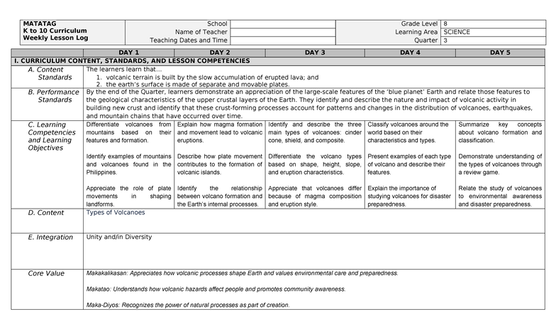 MATATAG K to 10 Curriculum: Grade 8 Science Weekly Lesson Log W2 - Studocu