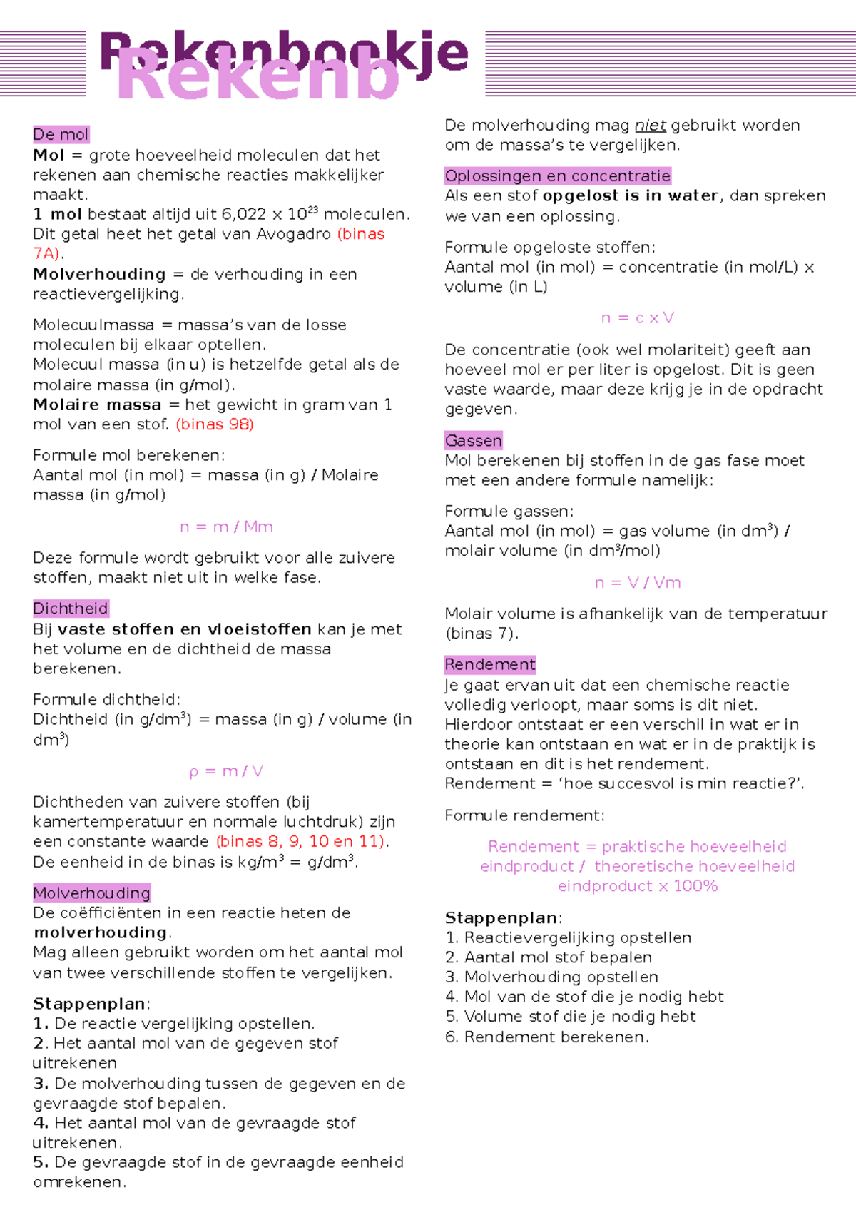 Samenvatting Rekenboekje Chemie: Molverhoudingen en Formules - Studeersnel