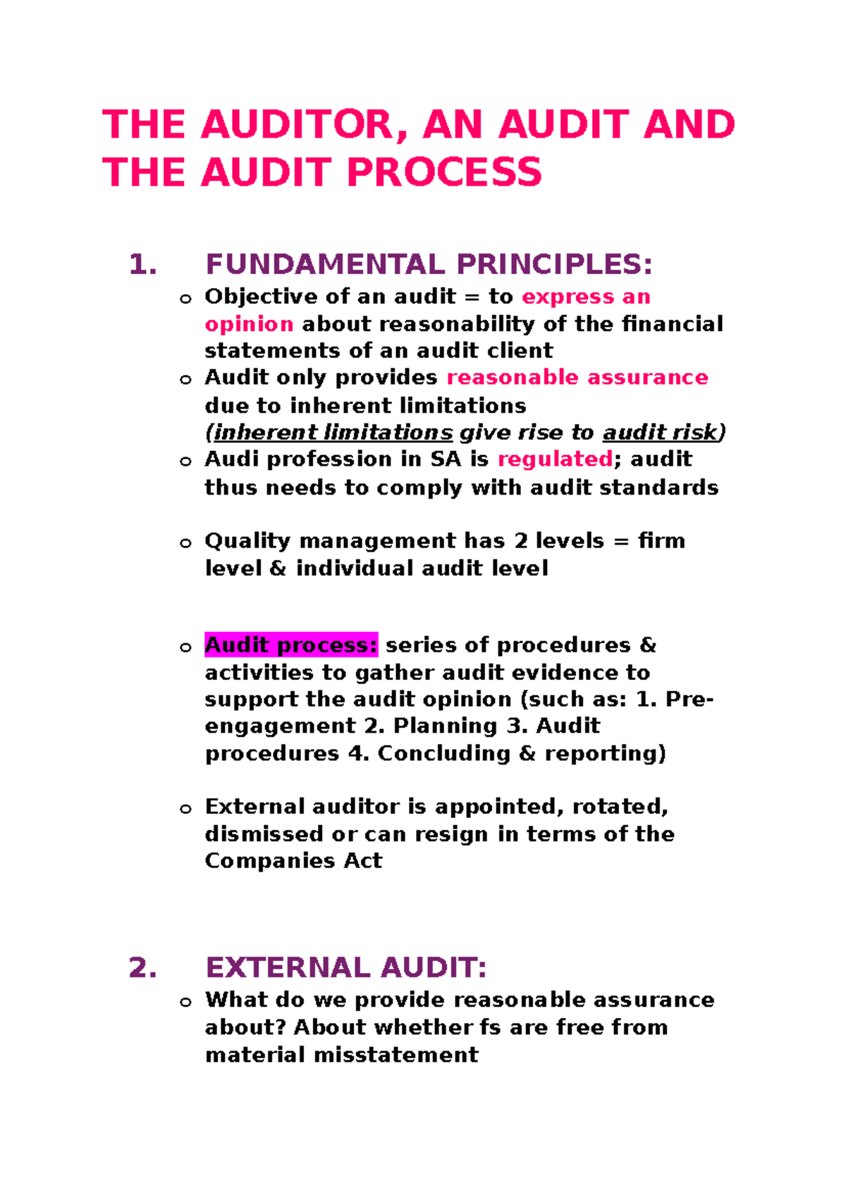 Summary Notes - Auditor - THE AUDITOR, AN AUDIT AND THE AUDIT PROCESS 1 ...