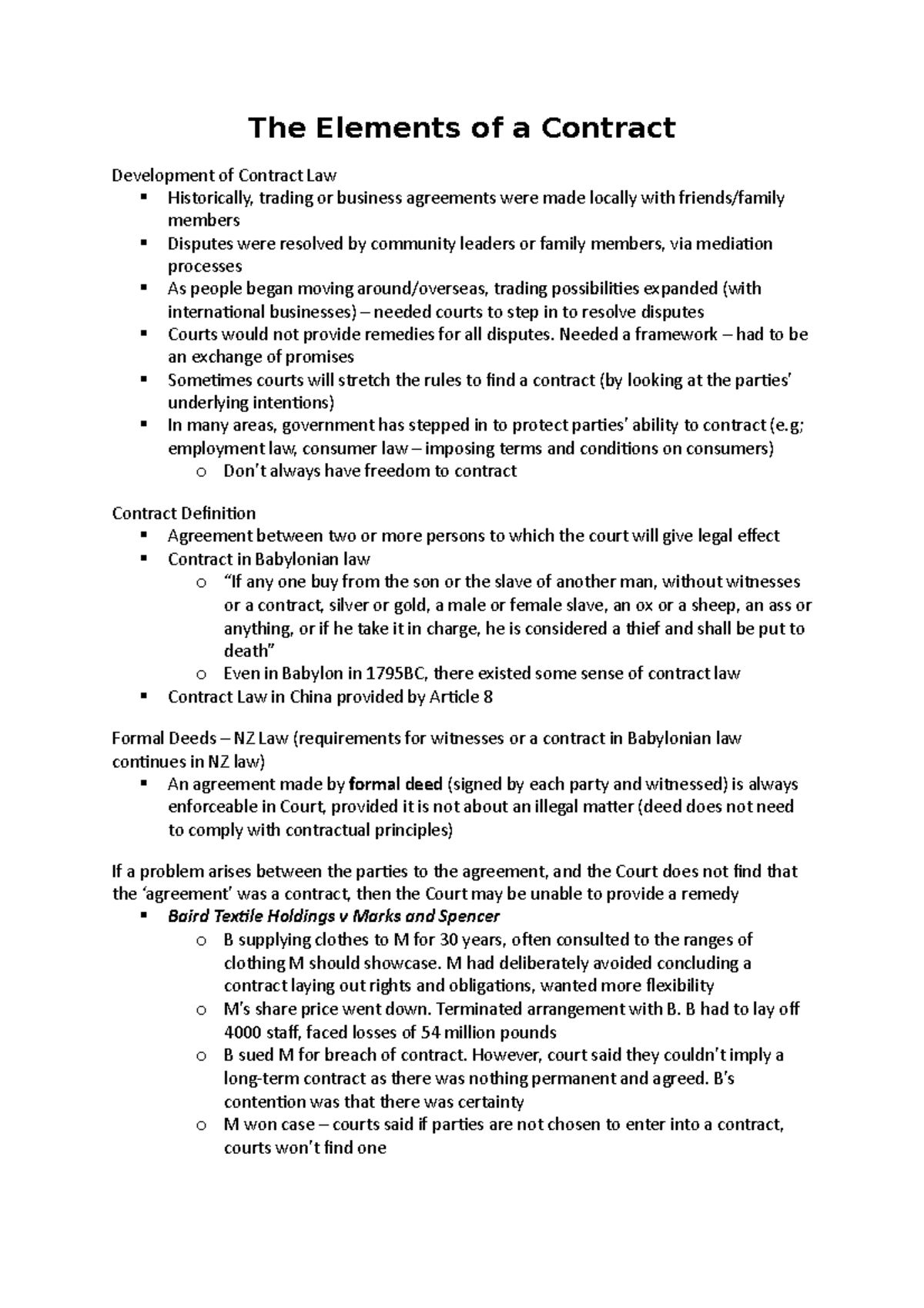 COML310 Lecture Notes on Elements and Principles of Contract Law - Studocu