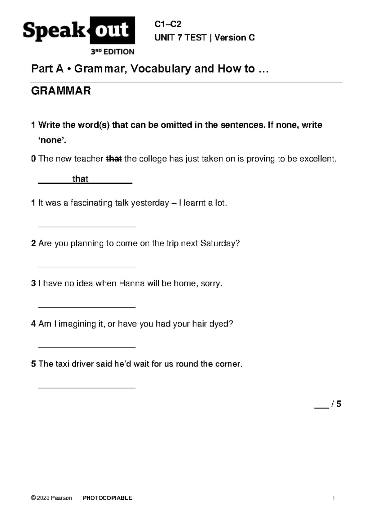 SO3 C1-C2 Unit Test U7C - Grammar and Vocabulary Assessment - Studocu