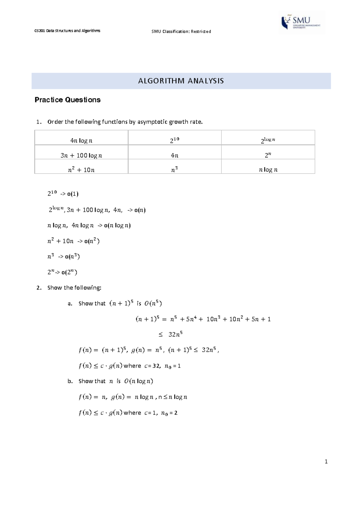 CS201 Algorithm Analysis Practice Questions - Tutorial Answer Key - Studocu